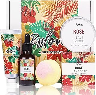 Spa Gifts for Women, Gift Set, Self Care Kit, Birthday Gifts, 5pc Rose Bath Sets Include Massage Oil, Bath Bomb, Salt Scrub, Soap, Hand Cream, Mother's Day Gifts for Mom