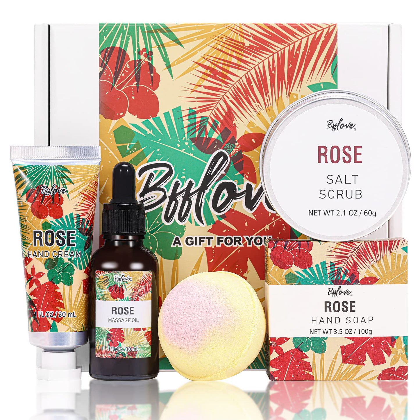 Spa Gifts for Women, Gift Set, Self Care Kit, Birthday Gifts, 5pc Rose Bath Sets Include Massage Oil, Bath Bomb, Salt Scrub, Soap, Hand Cream, Mother's Day Gifts for Mom