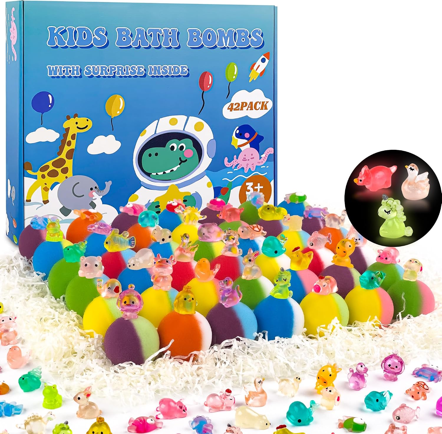 Bath Bombs for Kids with Surprise Toy Inside, 42 Pack Kids Bath Bombs Geft Set with 34 Glow-in-The-Dark Toy & 8 Sea Animal Toy Inside, Organic Bubble Fizzy for Boys and Girls.