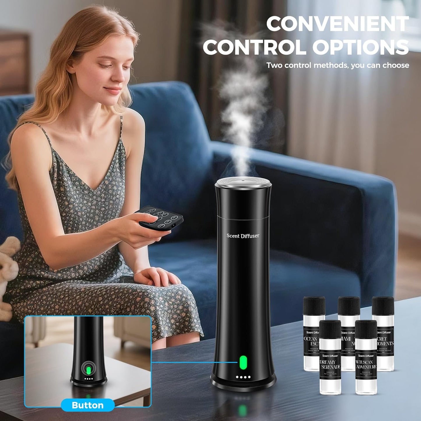 Waterless Scent Diffuser Kit — Covers 1,500 sq. ft. Suitable for Large Rooms, Home, Offices, and Hotels. Includes Five Essential Oils and Remote Control. Black
