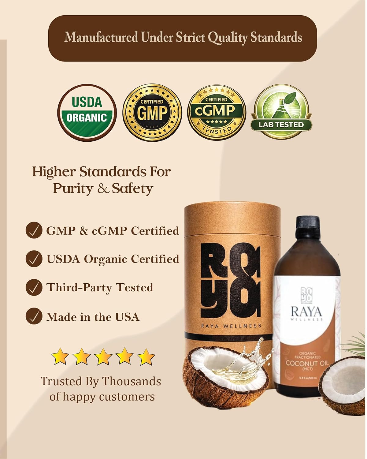Raya Wellness - USDA Organic MCT Coconut Oil - Fractionated - Cold Pressed, Hexane Free - Glass Bottle - 16.9 fl oz (500 ml)