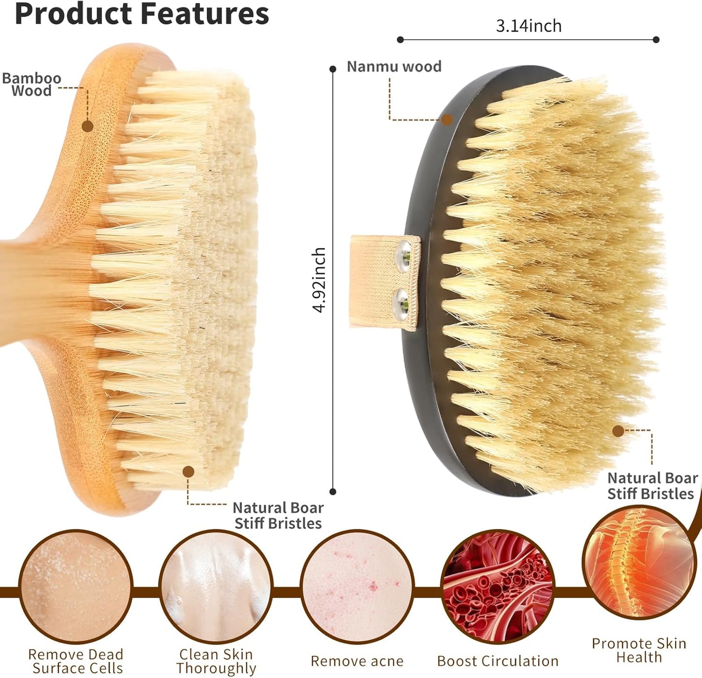 Long Handle Bath Brush-Back Scrubber for Shower, Exfoliating Body Brush with Bristles for Wet & Dry Brushing, Shower Brush for Men & Women