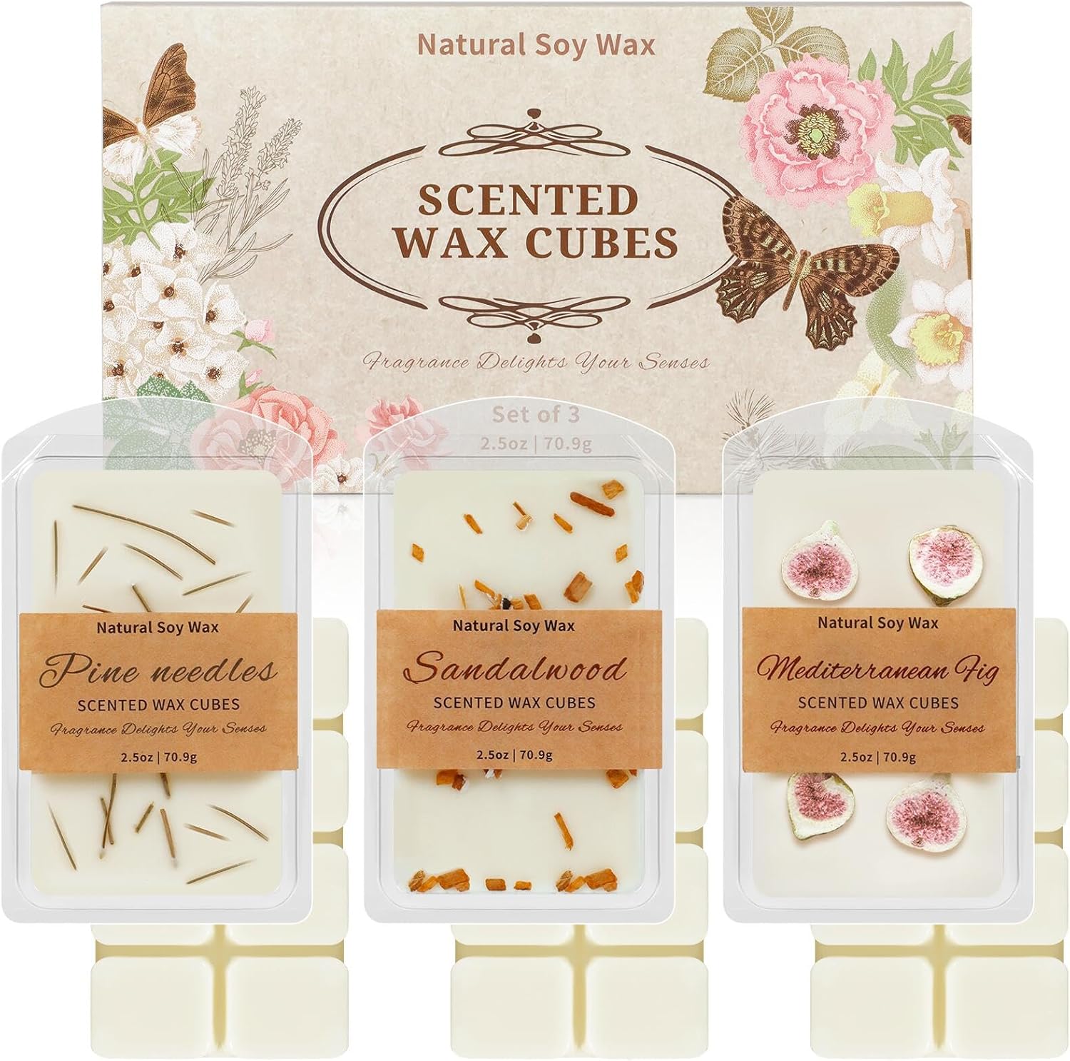 SCENTORINI Wax Melts, Premium Wax with Essential Oil, Summer Scents, Scented Wax Cubes, Natural Dried Flower, Pine Needles, Sandalwood, Mediterranean Fig, 2.5 oz X 3 Pack