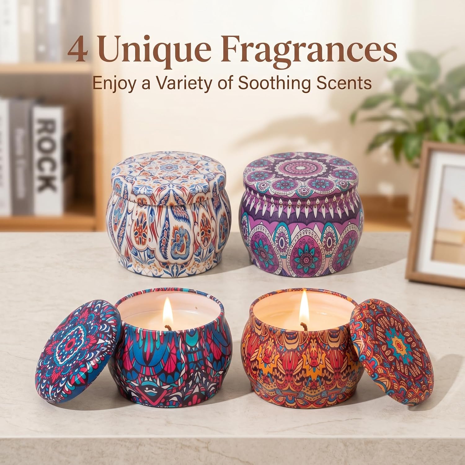 Topadorn 4 Pack Scented Candles Gift Set, Soy Wax Aromatherapy Candles in Decorative Boho Tins, Lavender Rose Vanilla Lemon Candle Gift Box for Women, Home Decor & Relaxation