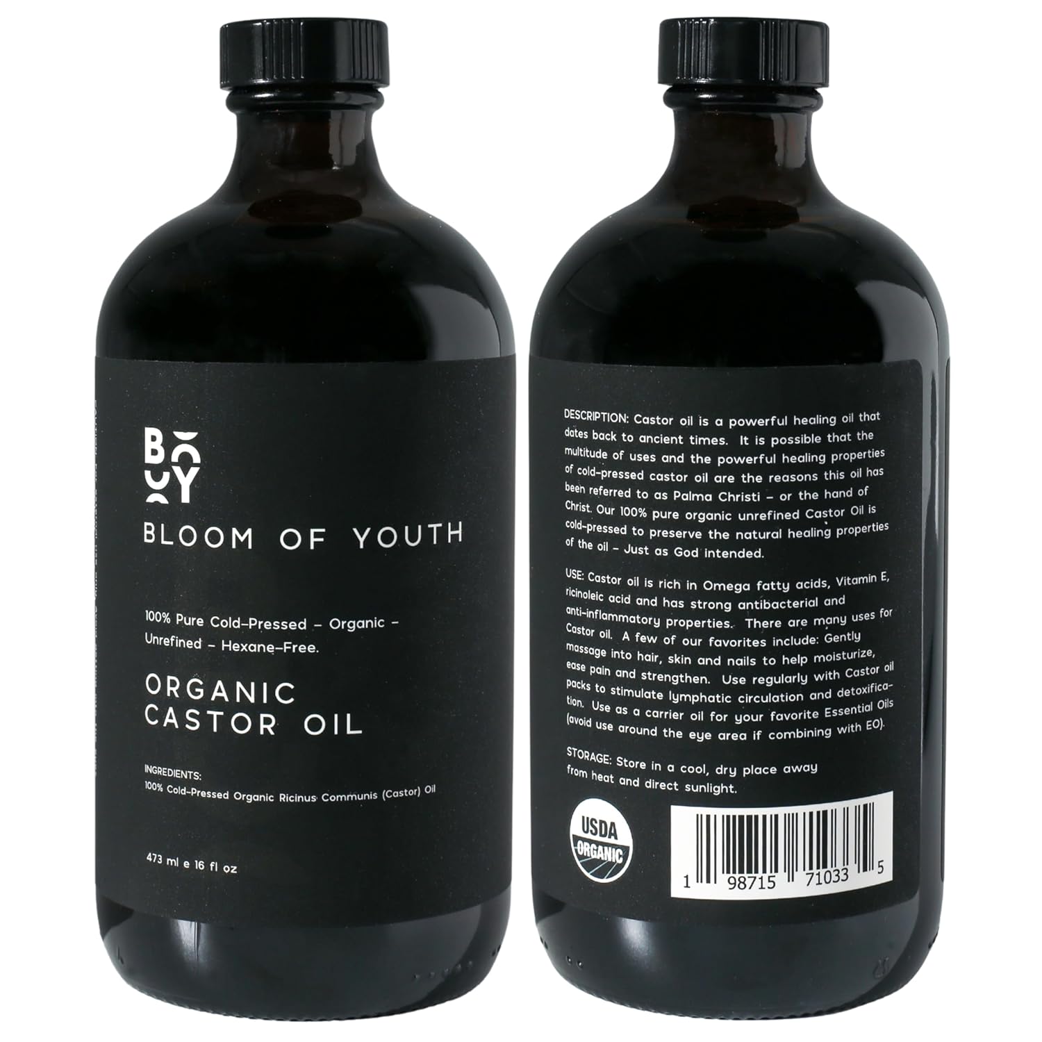100% Pure Cold Pressed Organic Castor Oil, Glass Bottle 16oz | Hexane Free, Unrefined, USDA Certified | For Hair, Skincare, Castor Oil Pack, Face, Joints, Carrier Oil, Eyelashes, Eyebrows