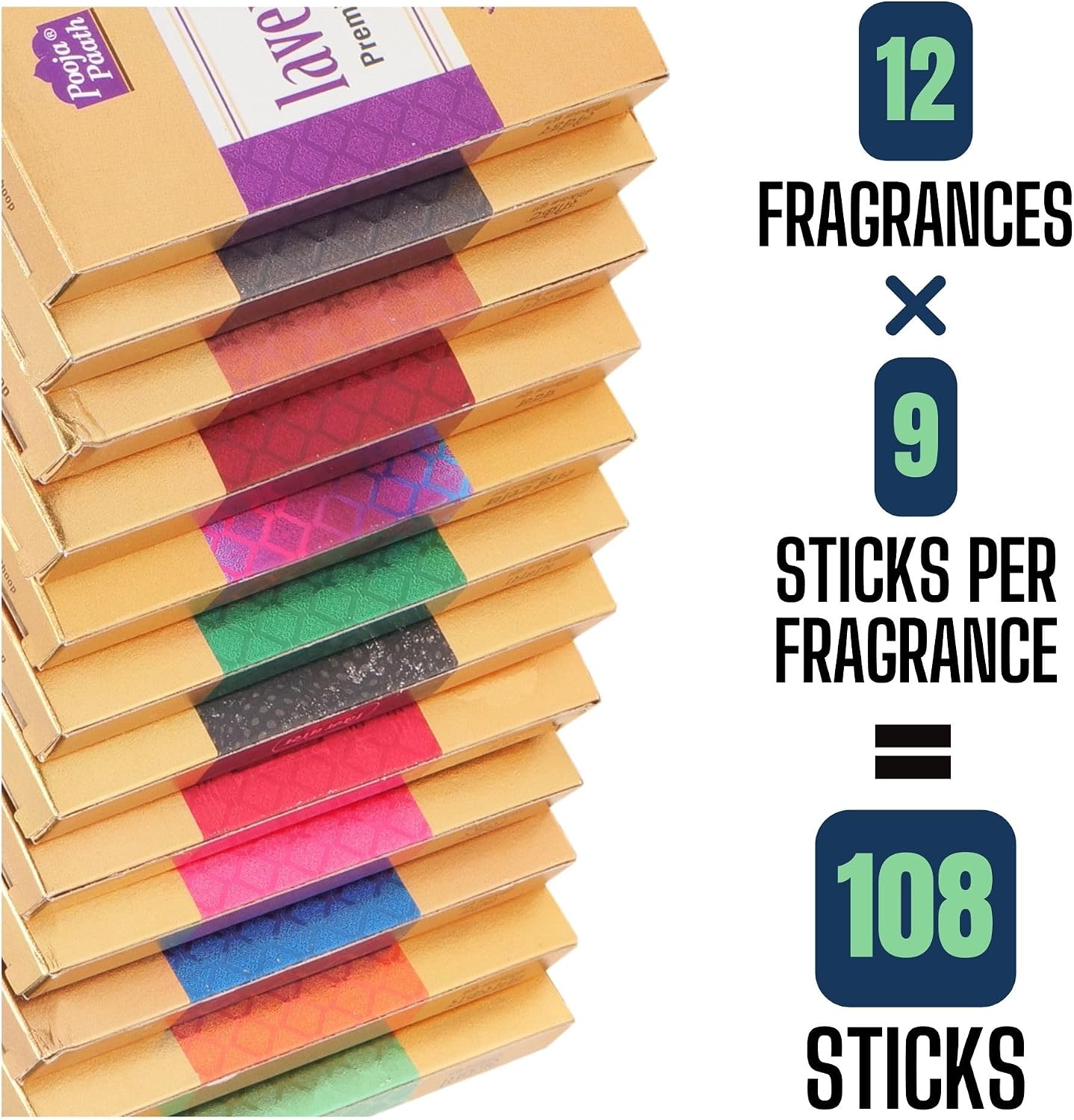 Premium Dhoop Incense Sticks Set with Stand, 12 Fragrances, 108 Sticks Total, Includes Secret, Spirit, Lavender, Rose, Chandan and More by Hashcart