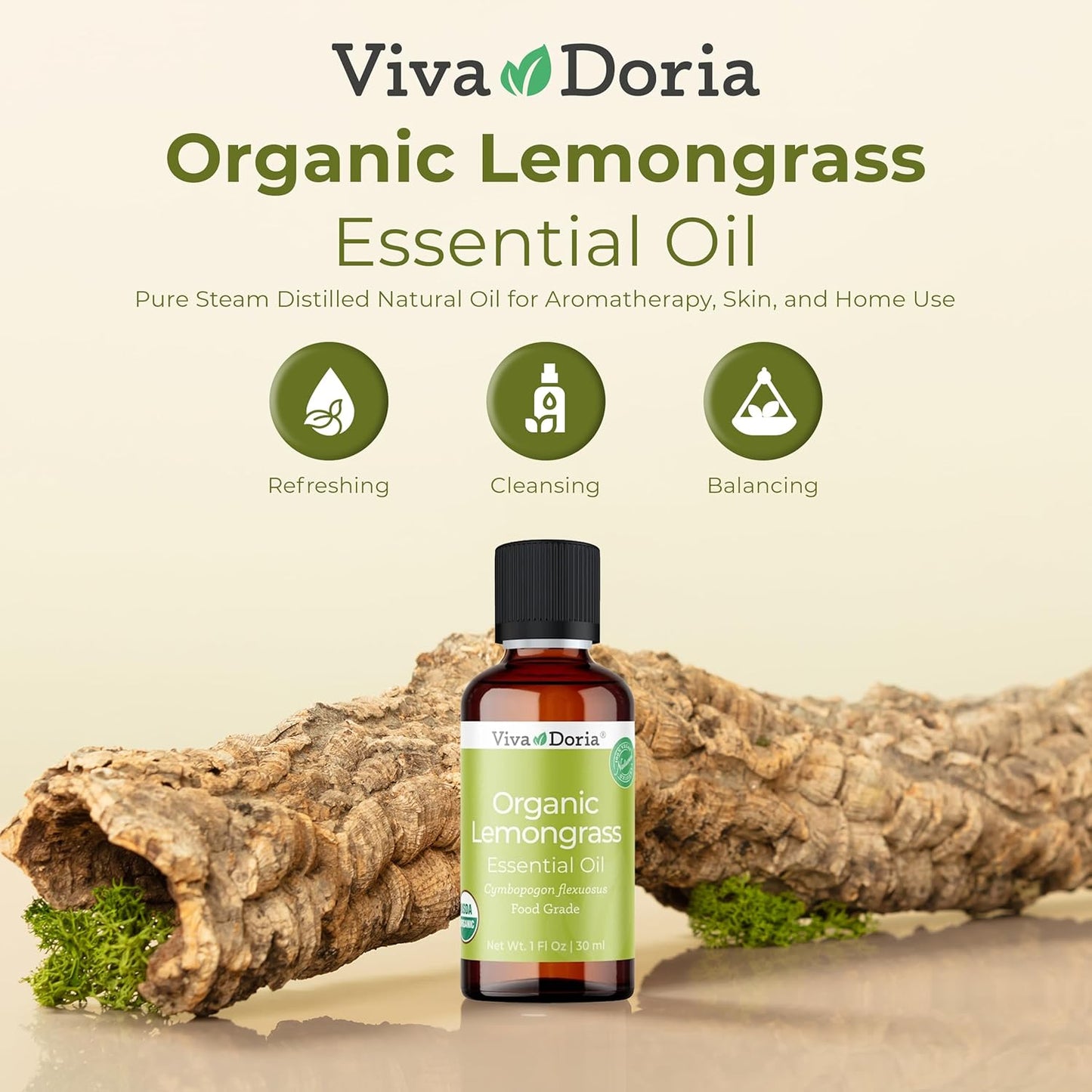 Viva Doria Lemongrass Essential Oil, USDA Certified, Organic Lemongrass Oil, 100% Pure, Natural Essential Oil, Undiluted, for Aromatherapy | Food Grade, 30 mL (1 Fluid Ounce)