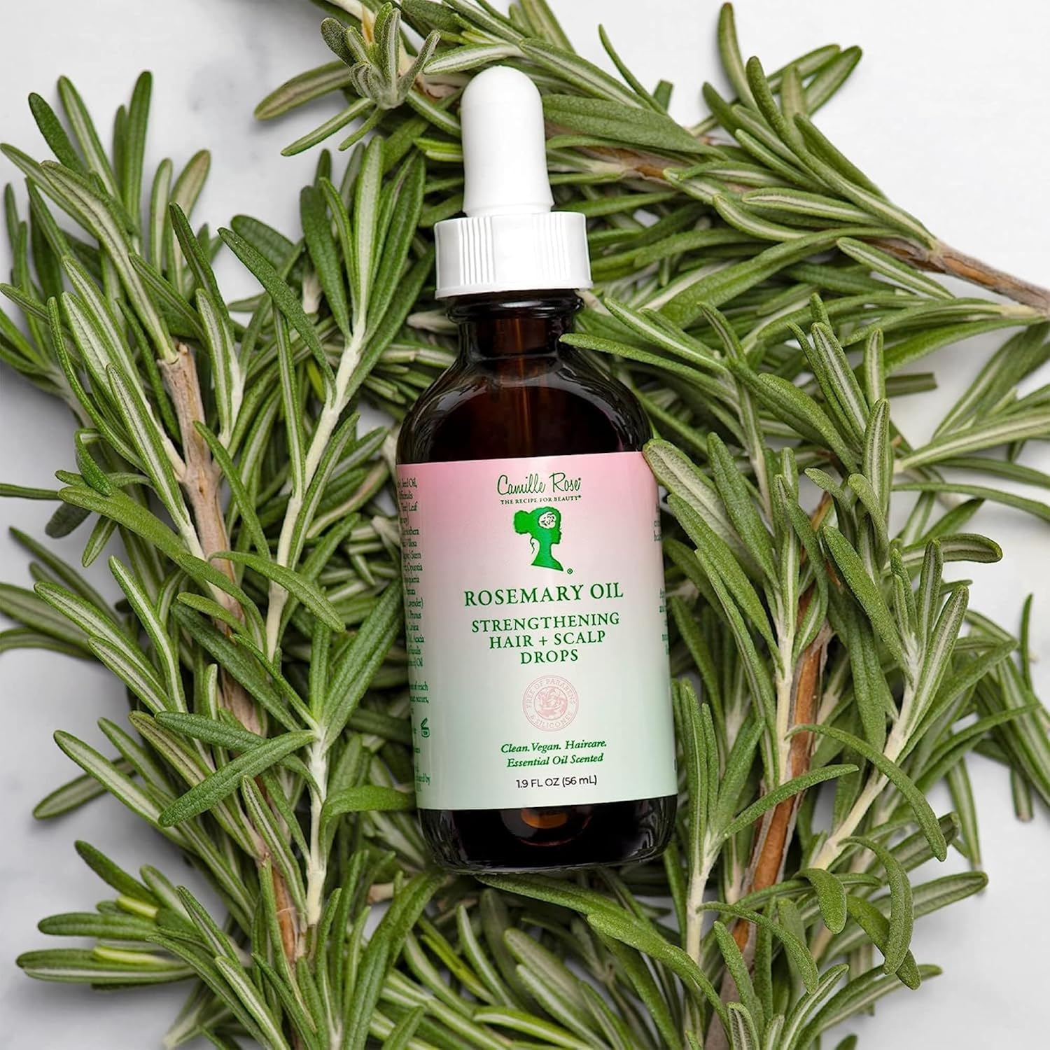 Camille Rose Rosemary Oil Strengthening Hair + Scalp Drops – Castor, Peppermint & Tea Tree Oil Blend for Strength & Resilience, Dry Scalp Treatment, Split Ends, 1.9 Fl Oz