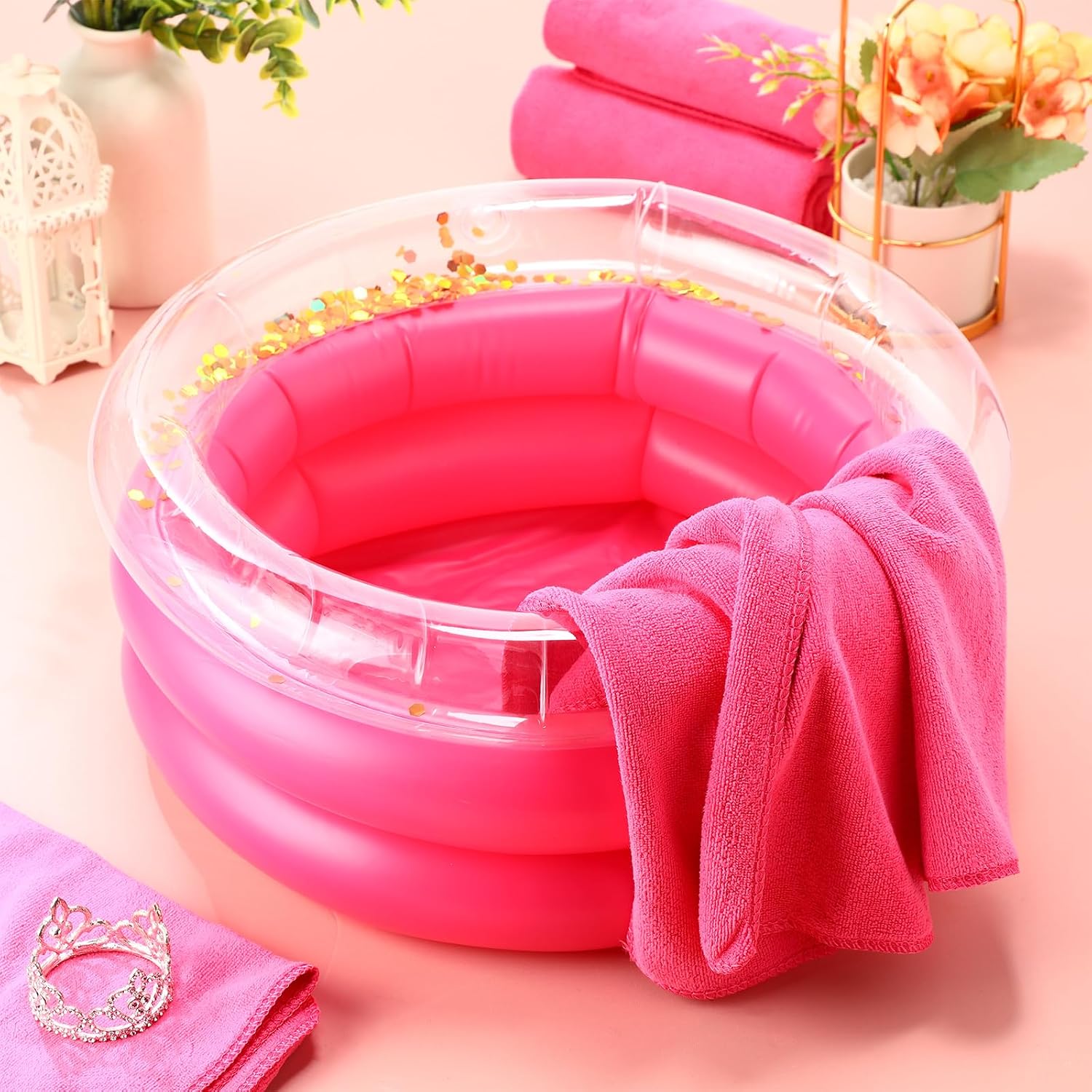 Fanfanwin 12 Pcs Foot Spa Kit for Girls 13.8 x 13.8 x 6.7 Inch Inflatable Foot Care Portable Bath and 12 x 28 Inch Hand Towels Washbasin Salon Towels for Spa Party Sleepover Party Supplies, Rose Red