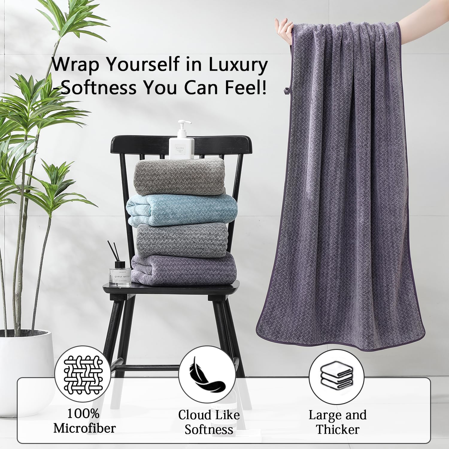 18 Piece Bath Towels Set,100% Microfiber Family Bathroom Towel with Hanging Loops-6 Bath Towels,6 Hand Towels,6 Washcloths,Quick Dry Highly Absorbent Shower Towel for Bathroom,Hotel,Spa-Dark Purple
