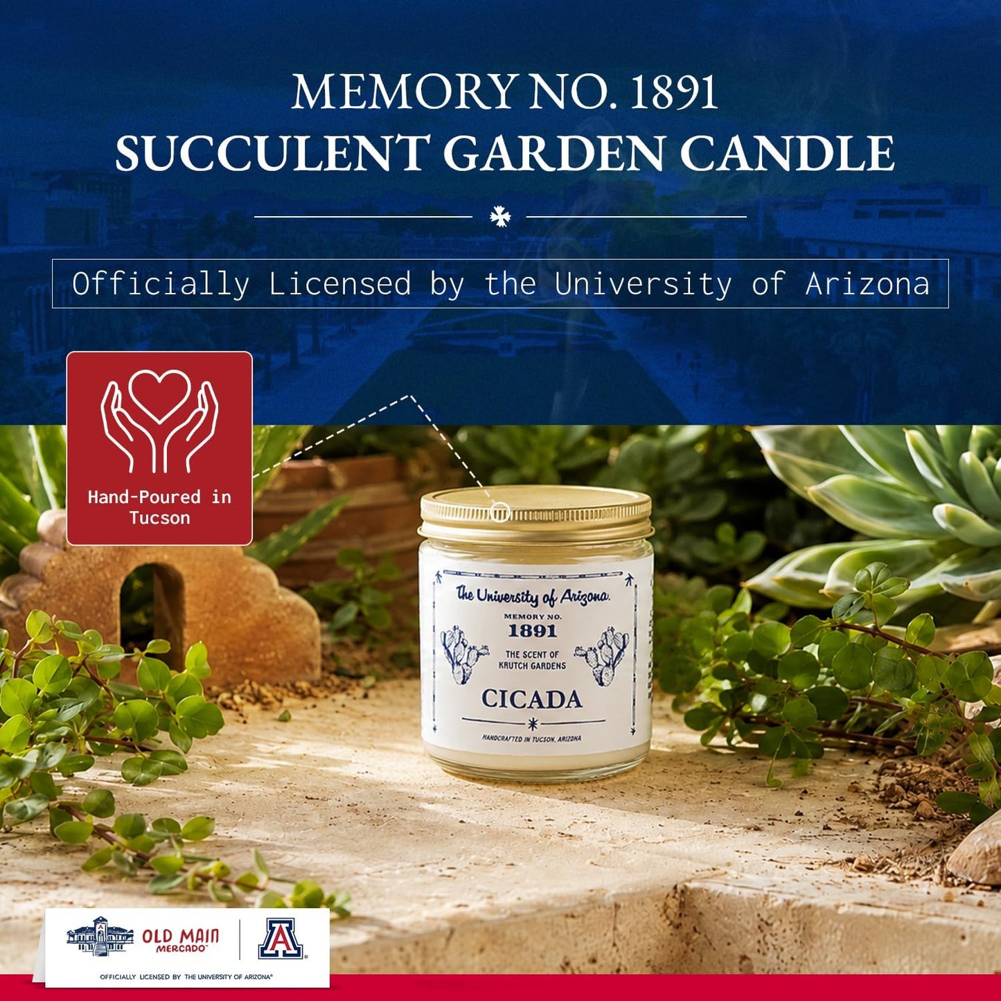 CICADA Succulent Garden Scented Candle Memory No.1891, University of Arizona Inspired Coconut-Soy Blend Wax, Cotton Wick, Cactus Sap Garden Greens Desert Soil Aroma, Hand-Poured Arizona Home Fragrance