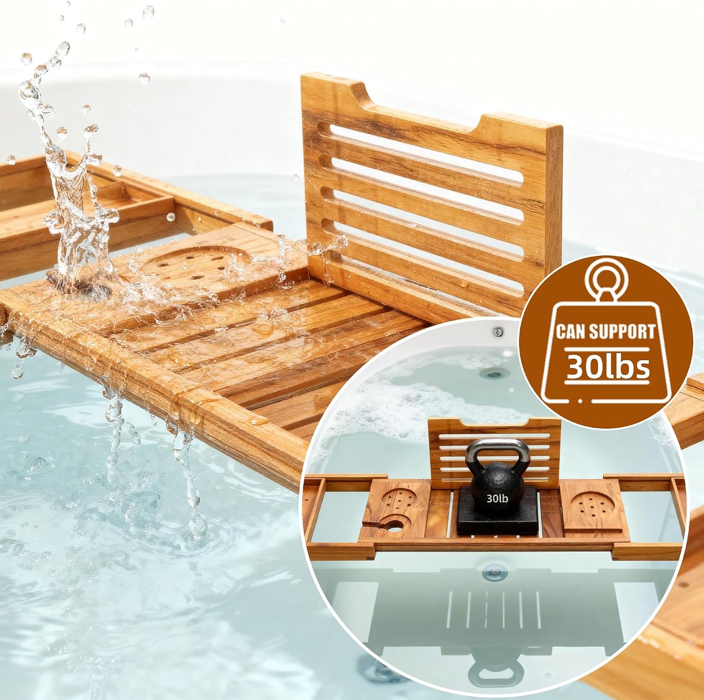 Expandable Teak Bathtub Tray - Luxury Wooden Bath Caddy & Tub Shelf, Over-The-Tub Bath Table with Book & Wine Glass Holder, Waterproof Bathroom Organizer for Spa Experience