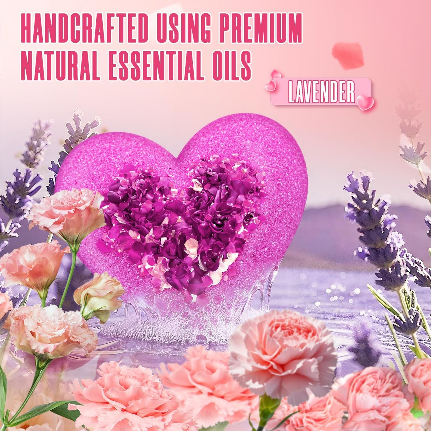 Lavender Bath Bombs for Women, XXL Organic Heart-Shaped Handmade Bath Bomb Fizzies with Lavender Essential Oil, Teacher Appreciation Gifts for Wife, SPA Relaxing Self Care