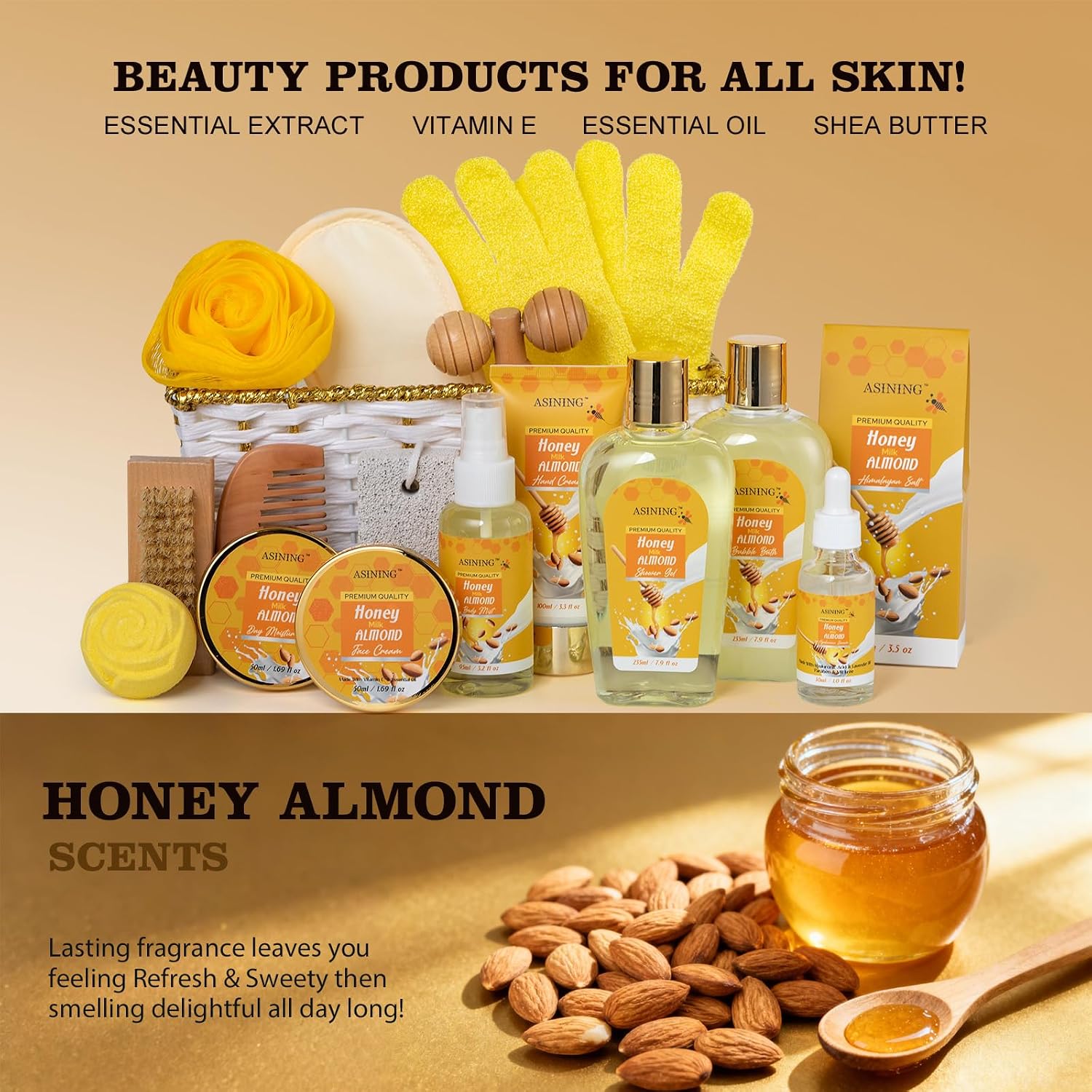 17-Piece Mothers Day Gifts for Women & Men, Almond Luxury Spa Gift Set Bath and Body Gift Basket Set Care Kit Face Skin Care Set, Bath & Body Care Set, Christmas, Valentines, Birthday, Anniversary