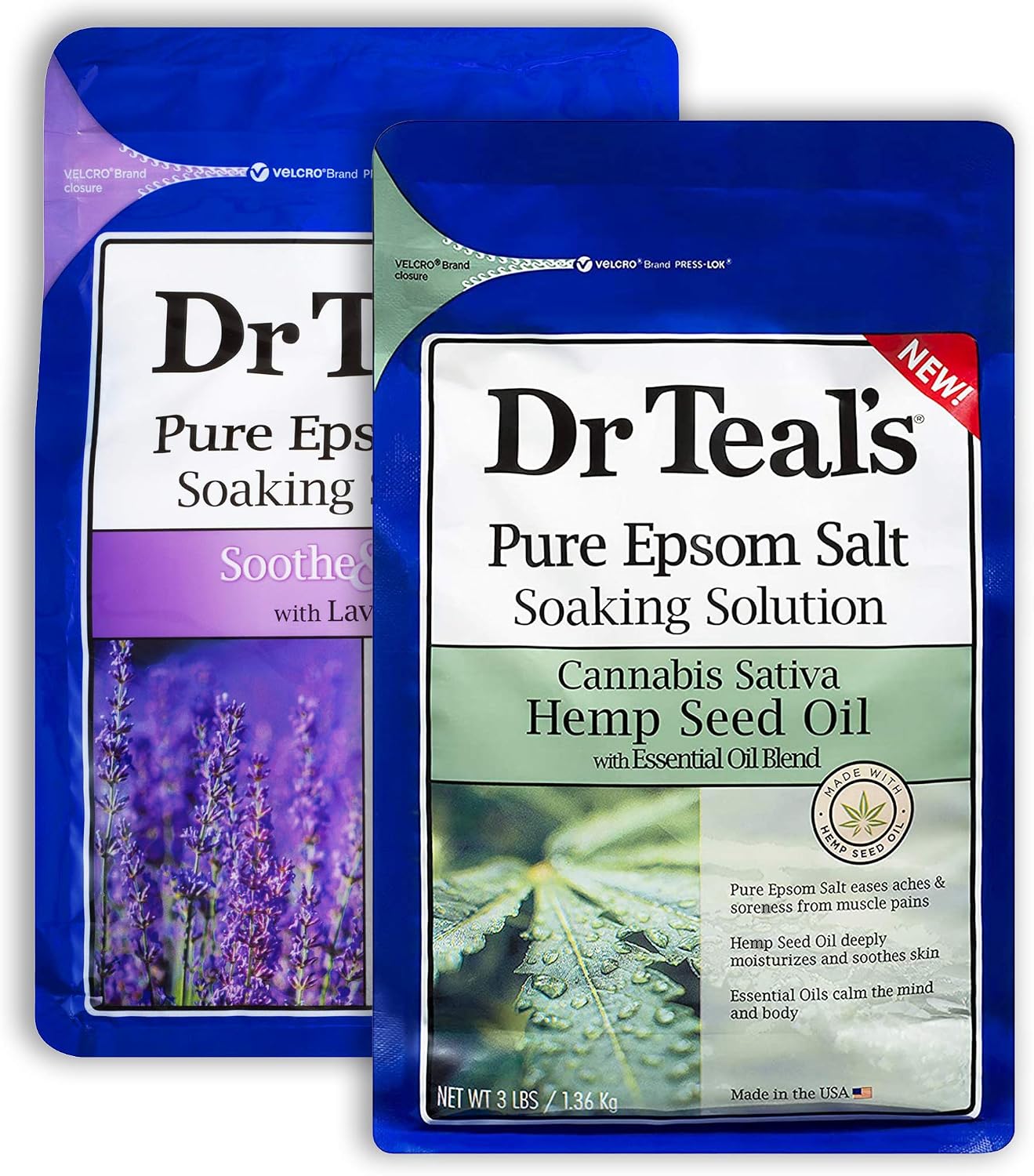 Dr Teal's Pure Epsom Salt Bath Variety Gift Set (2 Pack, 3lbs Ea.) - Soothe & Sleep Lavender & Hemp Seed Oil Soaking Solutions - Essential Oils Ease Pain & Help with Sleep