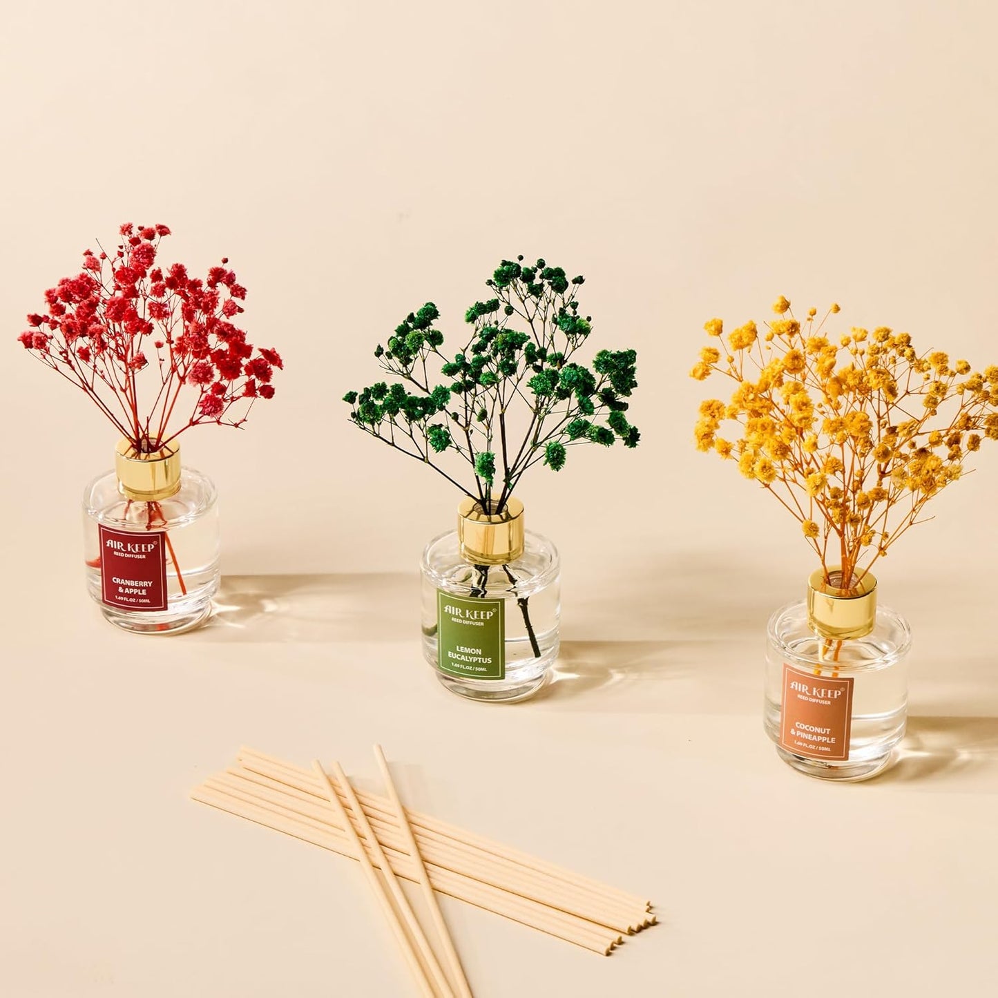 Airkeep Reed Diffuser Set of 3, Coconut Pineapple Lemon Eucalyptus Cranberry Apple Oil Reed Diffusers for Bedroom Living Room Office Aromatherapy Oil Reed Diffuser for Gift 50ml x 3
