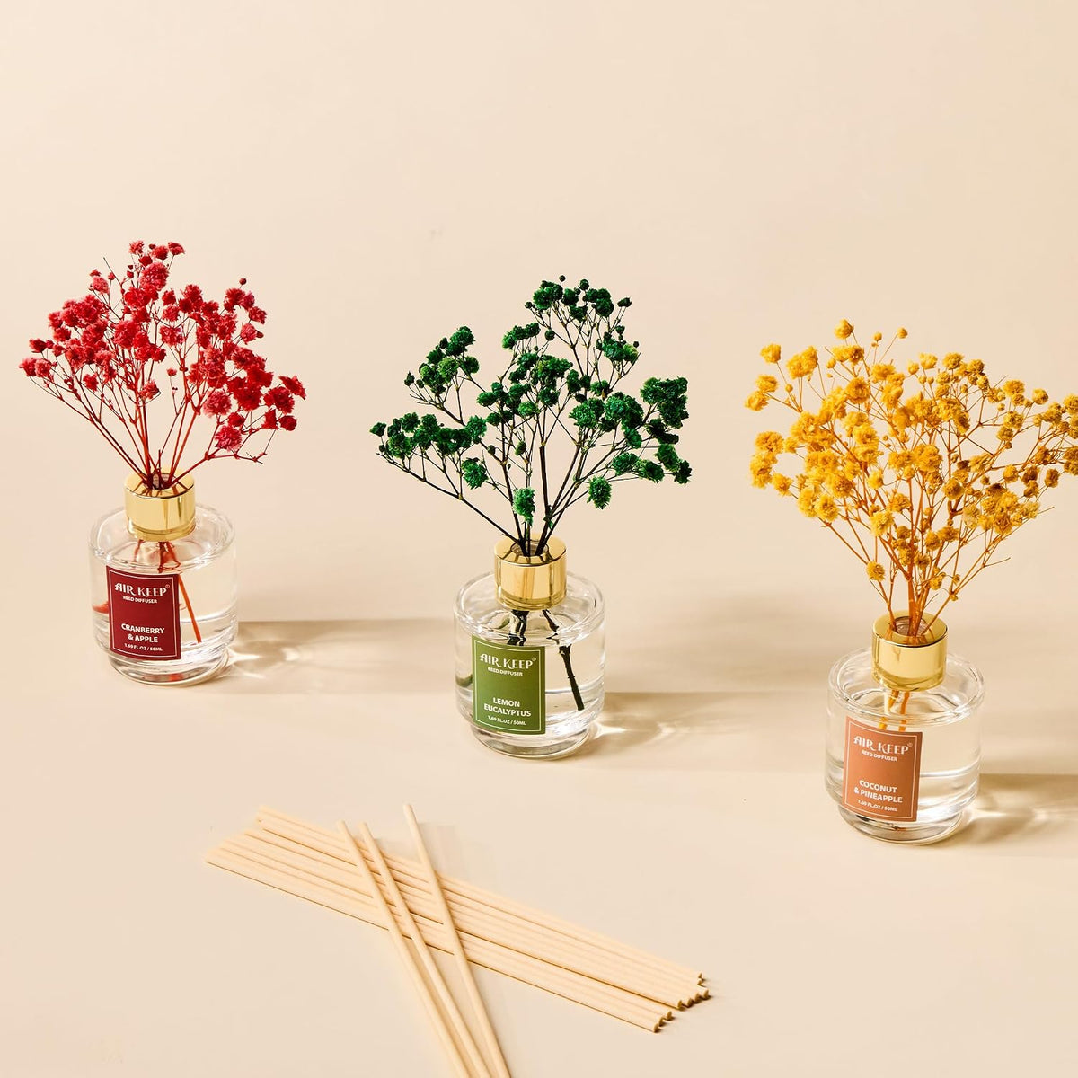 Airkeep Reed Diffuser Set of 3, Coconut Pineapple Lemon Eucalyptus Cranberry Apple Oil Reed Diffusers for Bedroom Living Room Office Aromatherapy Oil Reed Diffuser for Gift 50ml x 3
