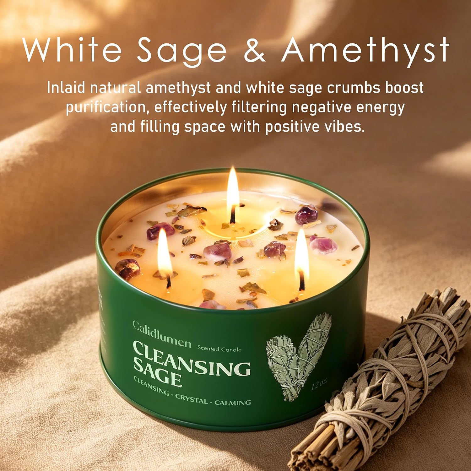 Sage Candle for Cleansing - 3 Wick 24 oz 2PC Soy Candle with Crystal and White Sage Crumbles, Organic Sage Candles Cleansing House Negative Energy