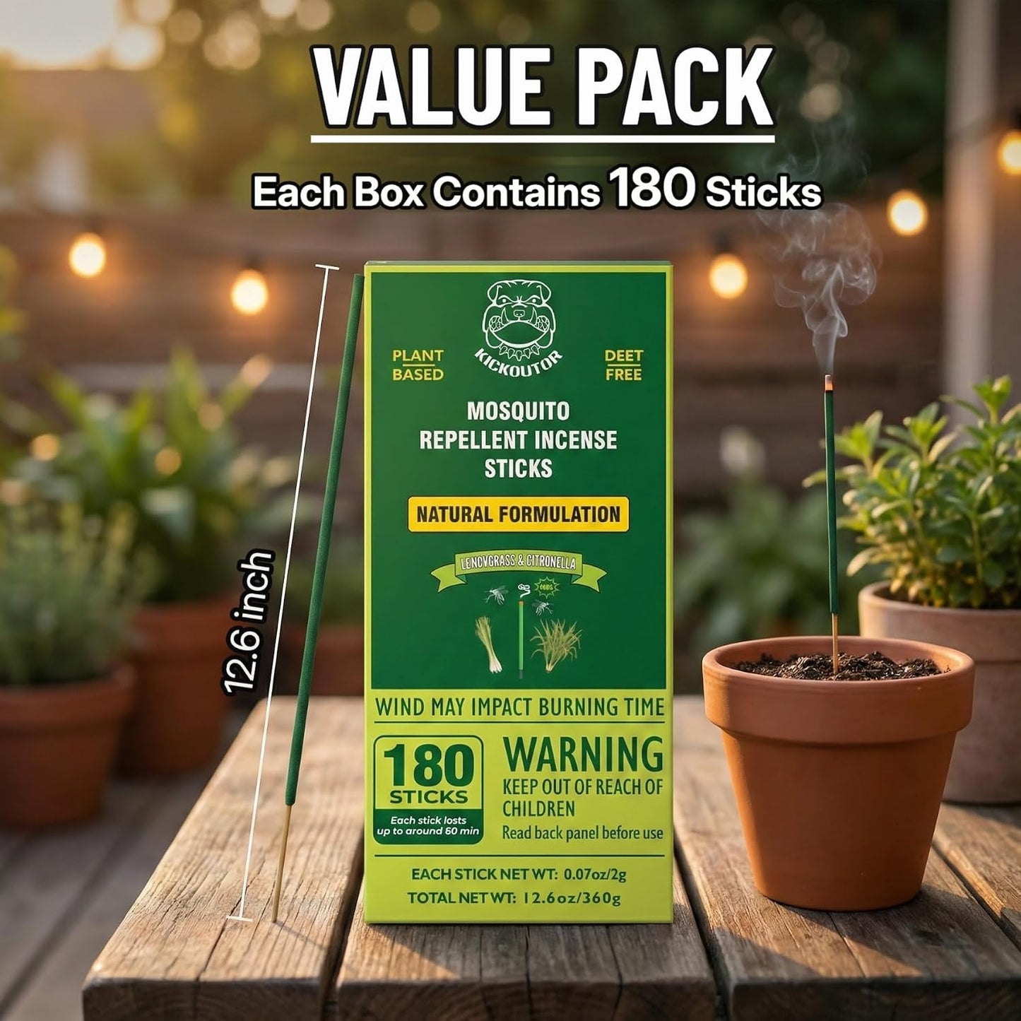 KICKOUTOR Mosquito Repellent Incense Sticks with Natural Citronella Oil, 180 Count DEET-Free Outdoor Protection for Patios, Backyard Gatherings & Camping, Up to 1 Hour Against Gnats & No-See-Ums