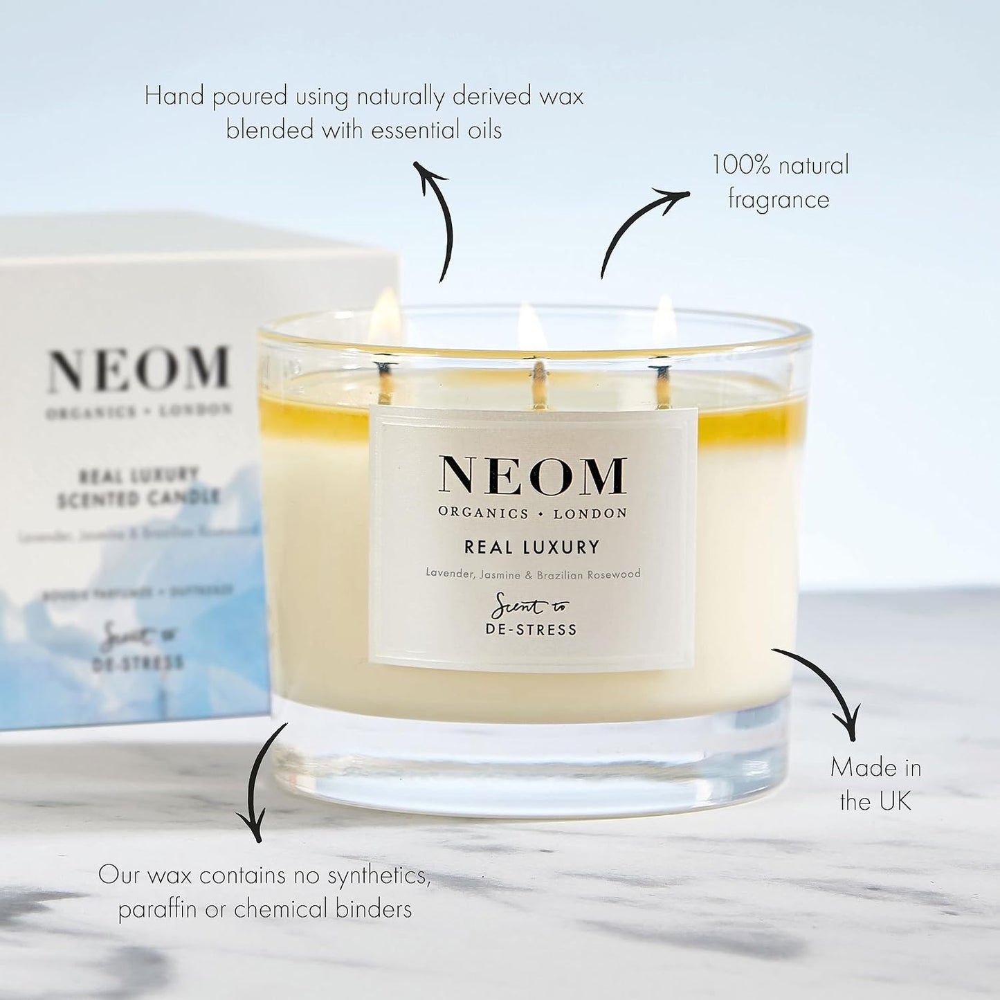 NEOM - Candle, 3 Wick | Lavender, Jasmine & Sandalwood | Scented Candles for Home | Luxury Aromatherapy Candles | Essential Oil Candles | Tranquil & Relax | Signature De-Stress Scent