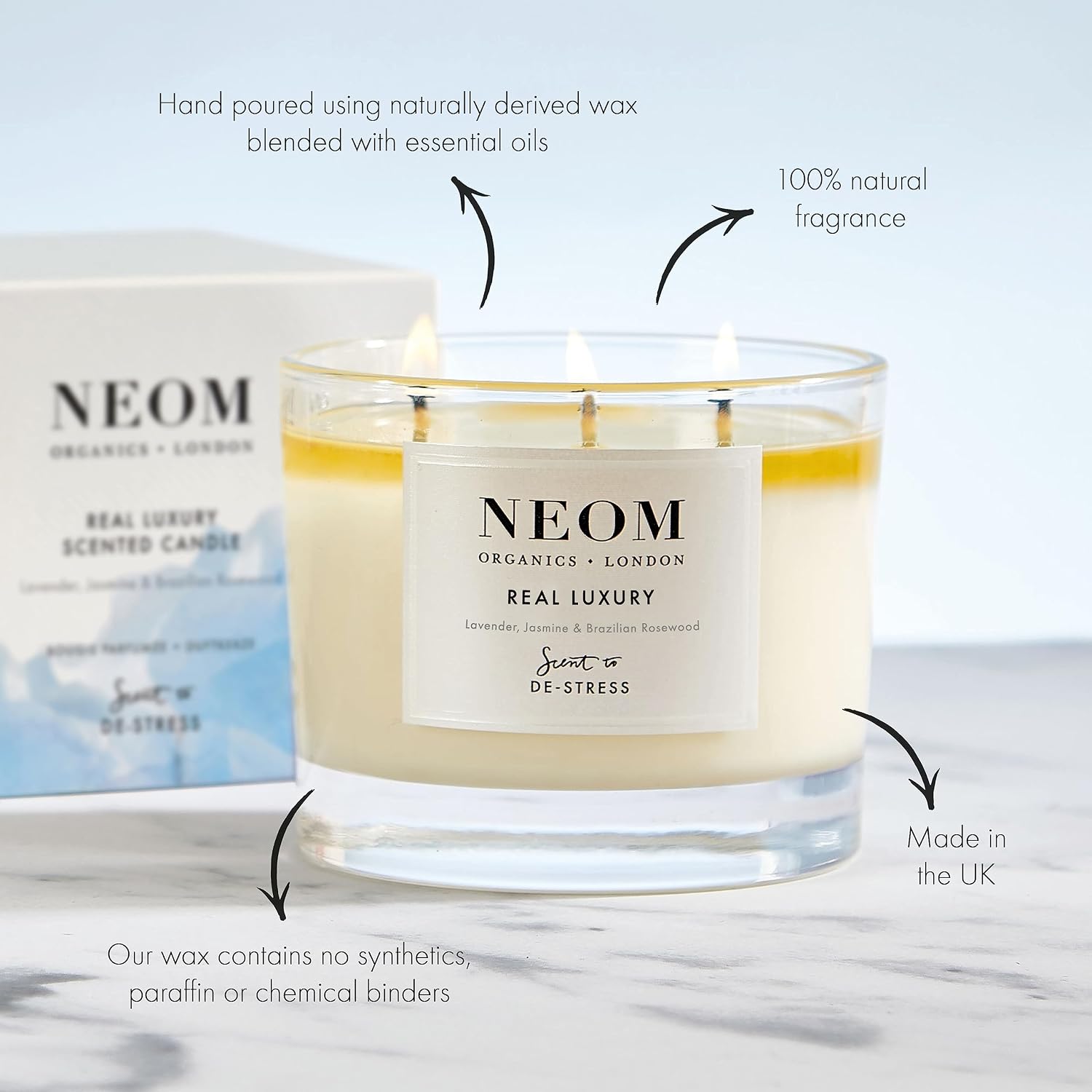 NEOM - Candle, 3 Wick | Lavender, Jasmine & Sandalwood | Scented Candles for Home | Luxury Aromatherapy Candles | Essential Oil Candles | Tranquil & Relax | Signature De-Stress Scent