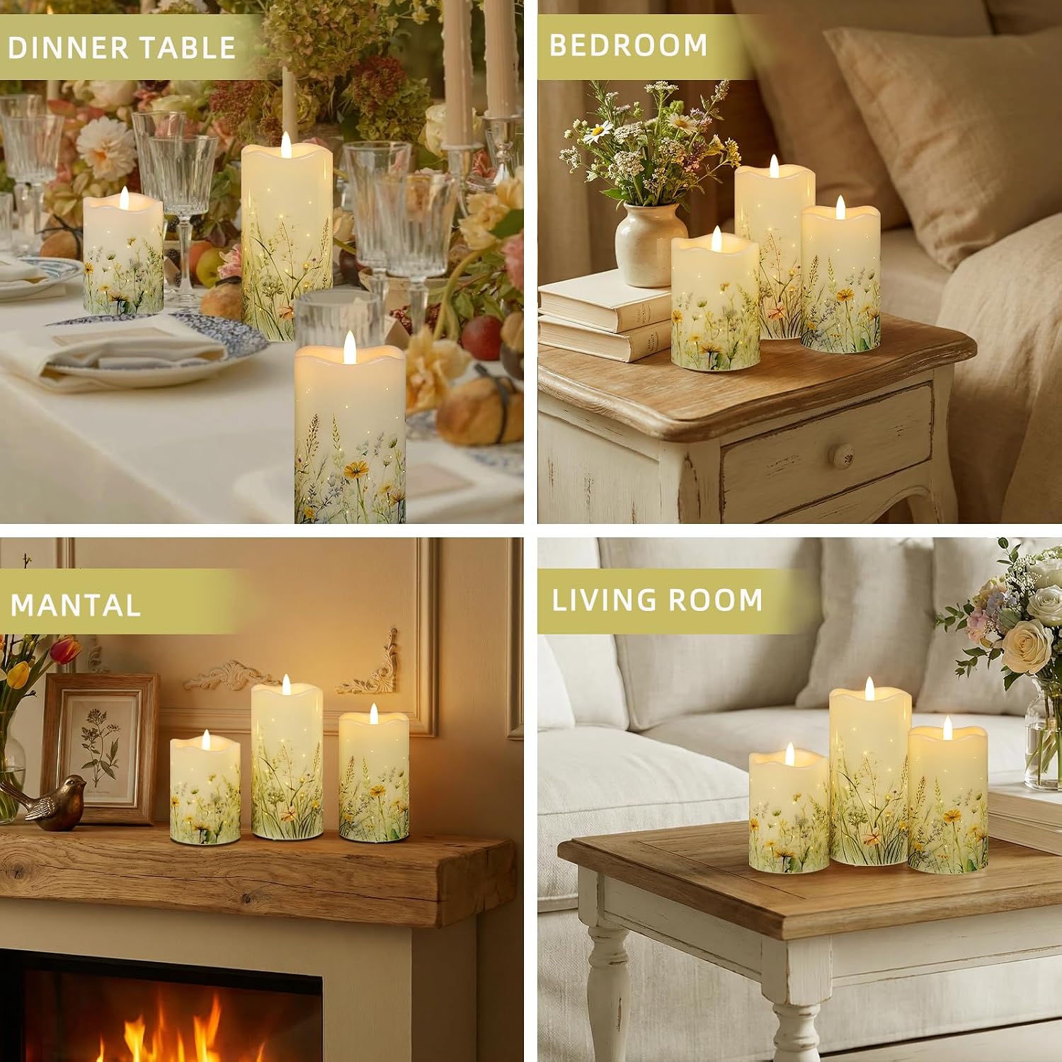 Flameless Candles, Battery Operated Floral Candles with Remote, Fiber Optic Flameless Pillar Candles Set of 3 for Spring Decorations Indoor
