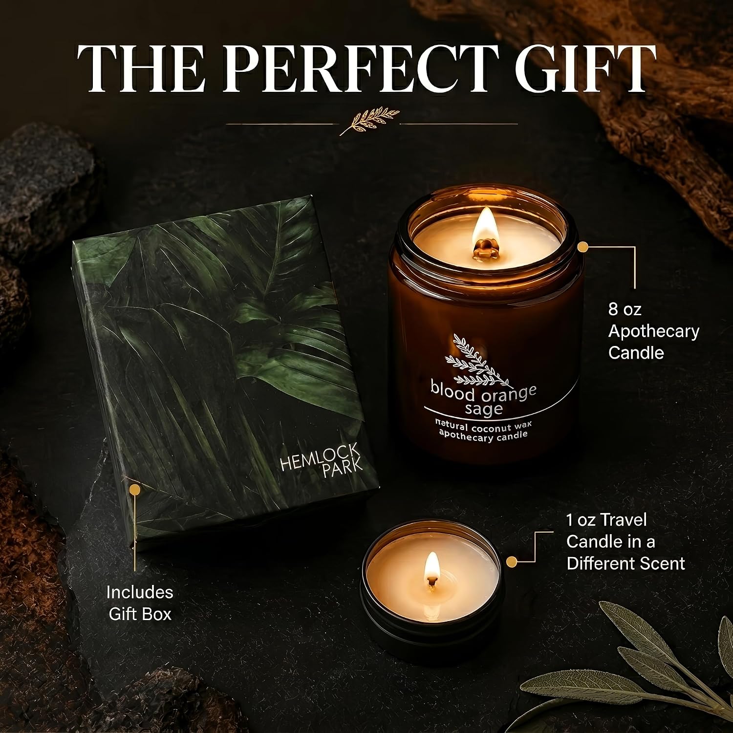 Hemlock Park Blood Orange Sage Apothecary Scented Candle | Crackling Wood Wick, Botanical Fragrance & Coconut Apricot Wax | Up to 60 Hour Burn Time | 8 oz | Made in USA