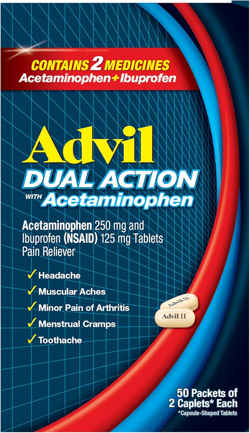 Advil Dual Action Coated Caplets with Acetaminophen, 250 Mg Ibuprofen and 500 Mg Acetaminophen Per Dose (2 Dose Equivalent) for 8 Hour Pain Relief - 2 Count x 50