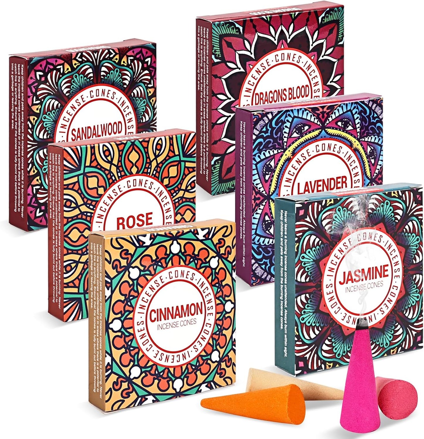 Incense Cones Set - Lavender, Jasmine, Sandalwood, Cinnamon, Rose, Dragons Blood for Meditation & Yoga
