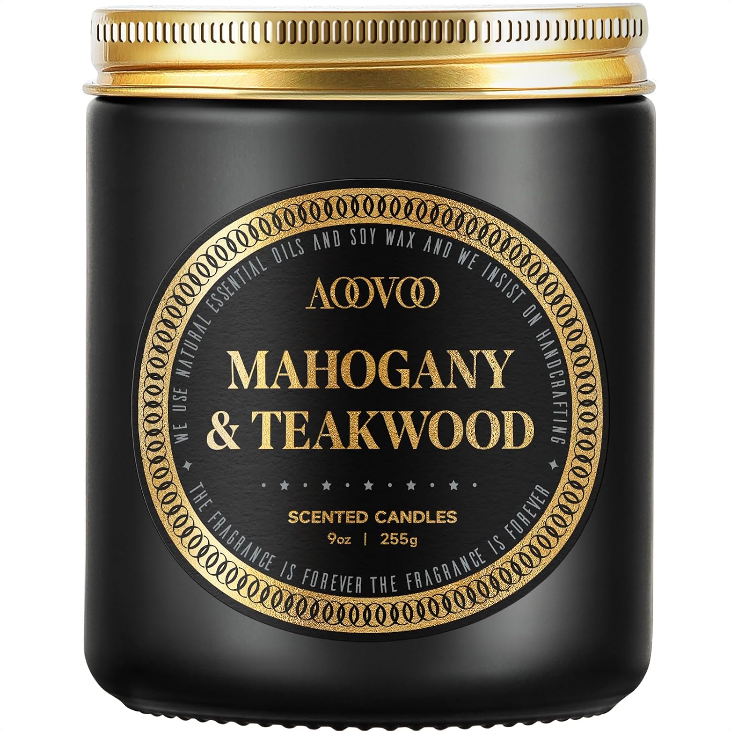 AOOVOO Scented Candles for Men - Mahogany & Teakwood Candles for Home Scented | Soy Candles | Strong Fragranced Masculine Black Candle Gift for Women & Men, 9oz