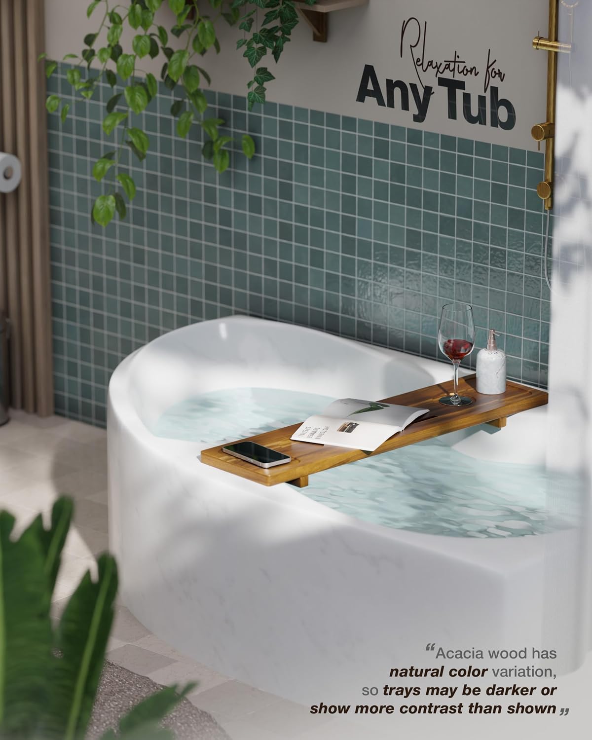 Bathtub Tray, Acacia Bath Tray for Tub, 34.6''x9'' Wooden Bathtub Caddy Tray with Adjustable Legs Fit Various Bathtubs, Anti-Tipping, Sustainable Bath Table with Wine Glass and Tablet Holder