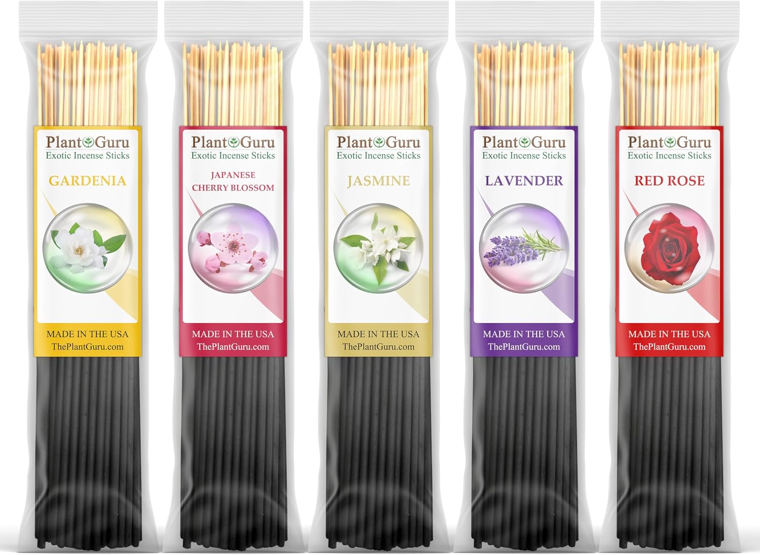 Floral Incense Sticks Variety Set Bulk 500 Pack Sampler 7" Sticks - 5 Bundles of 100 Sticks Per Bundle. Gardenia, Japanese Cherry Blossom, Jasmine, Lavender, Red Rose.