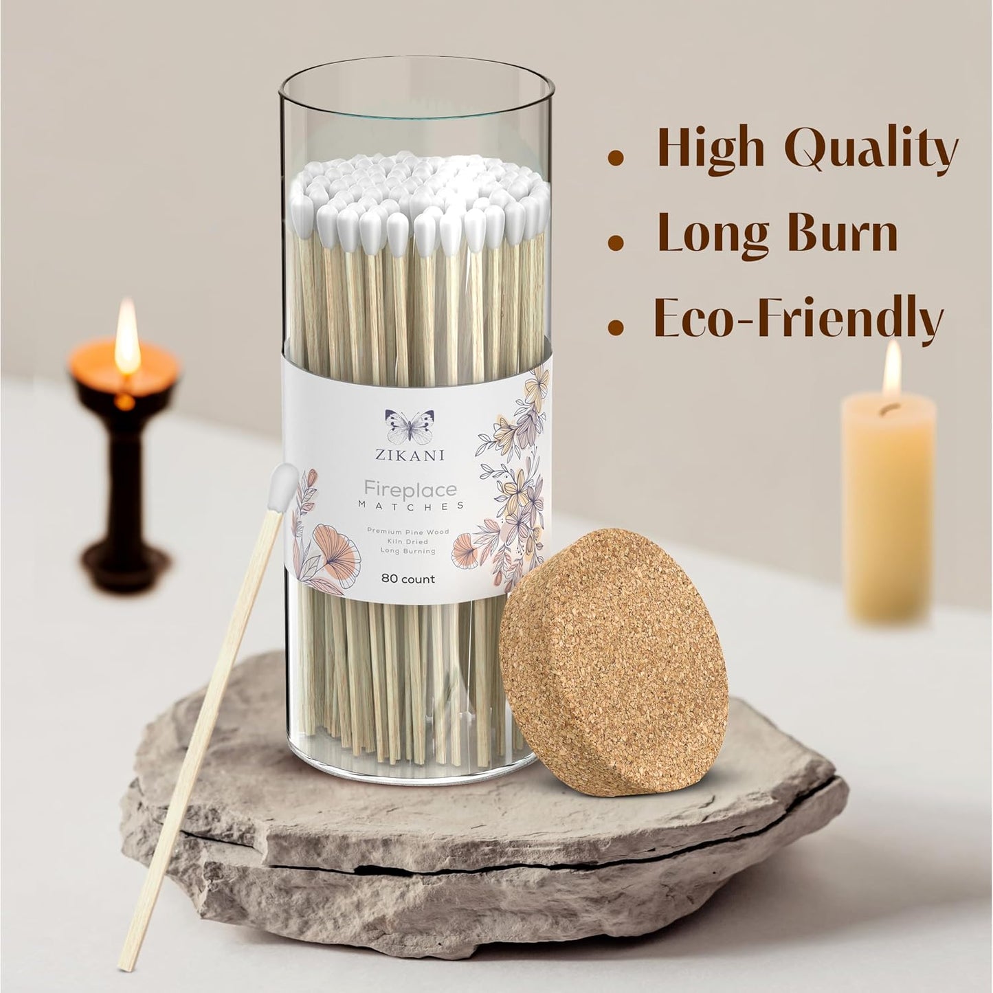 White Tip Fireplace 8-inch Long Shabbat Matches Pack of 80 Decorative Safety Matches with Cork Top Glass Holder Including Striker Ideal for Lighting