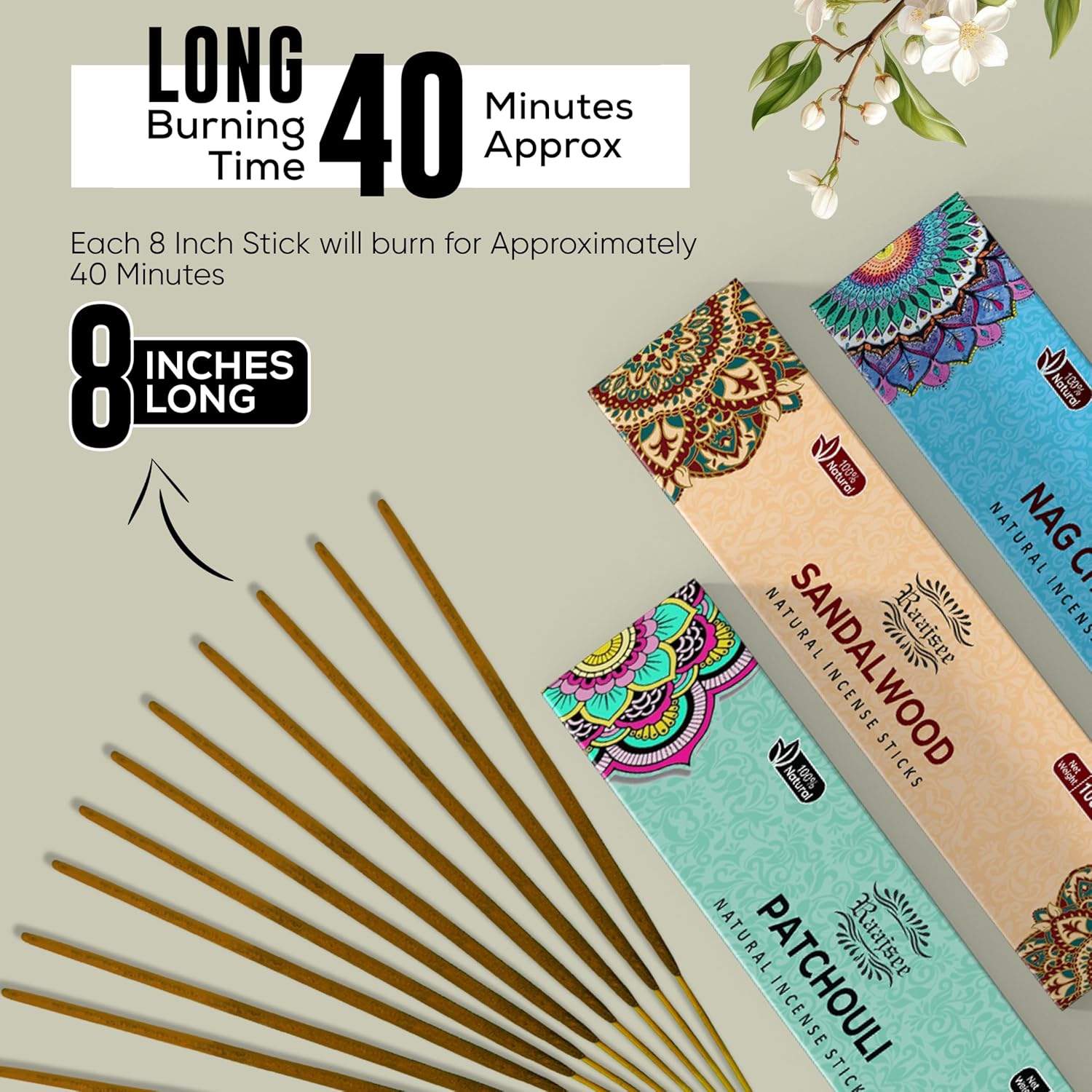 Raajsee Incense Sticks Assorted Pack (180 gm), 100% Pure Organic Natural Hand Rolled Free from Chemicals - Perfect for Aromatherapy, Cleansing, Meditation, and Church (12 Pack)