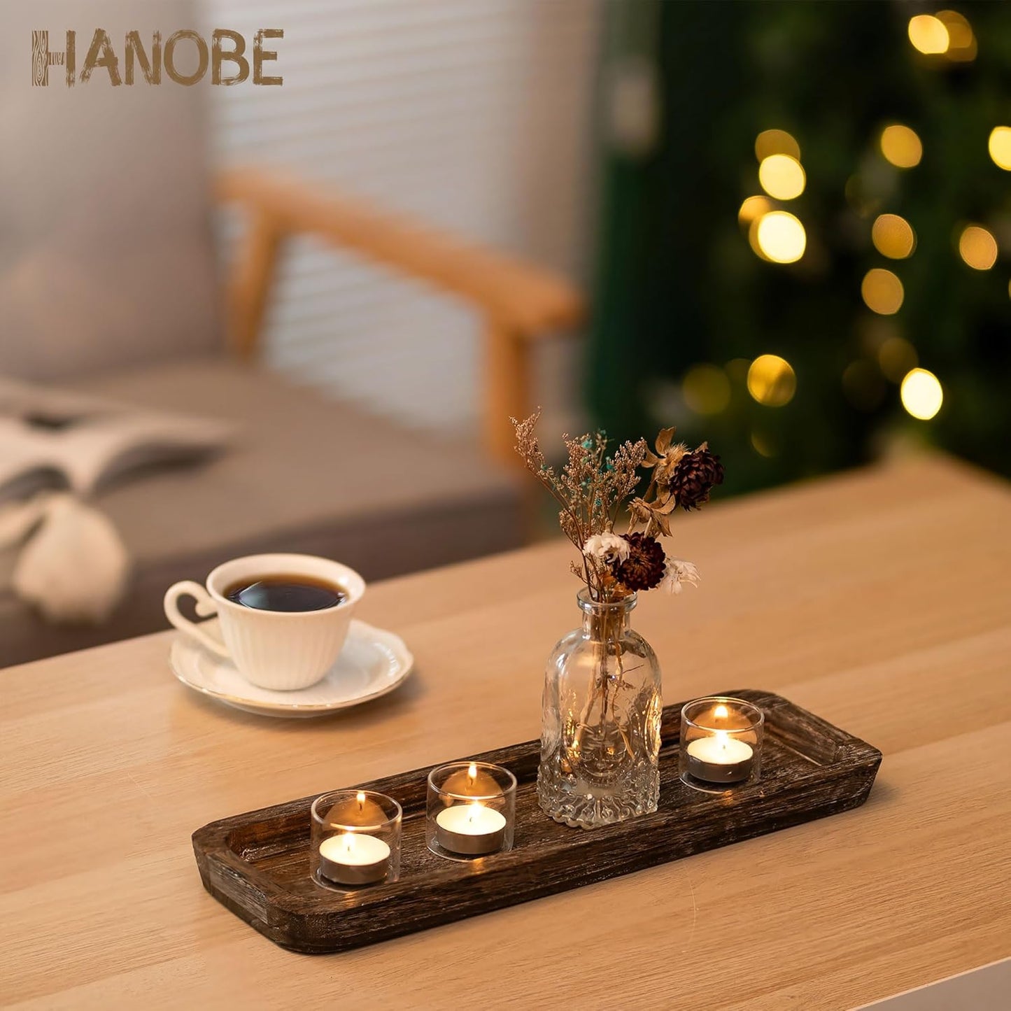 Hanobe Rustic Wood Centerpiece Tray: Decorative Tealight Candle Holders Long Farmhouse Candle Plate Wooden Table Centerpiece for Dining Room Kitchen Coffee Table Rectangular Trays Home Decor