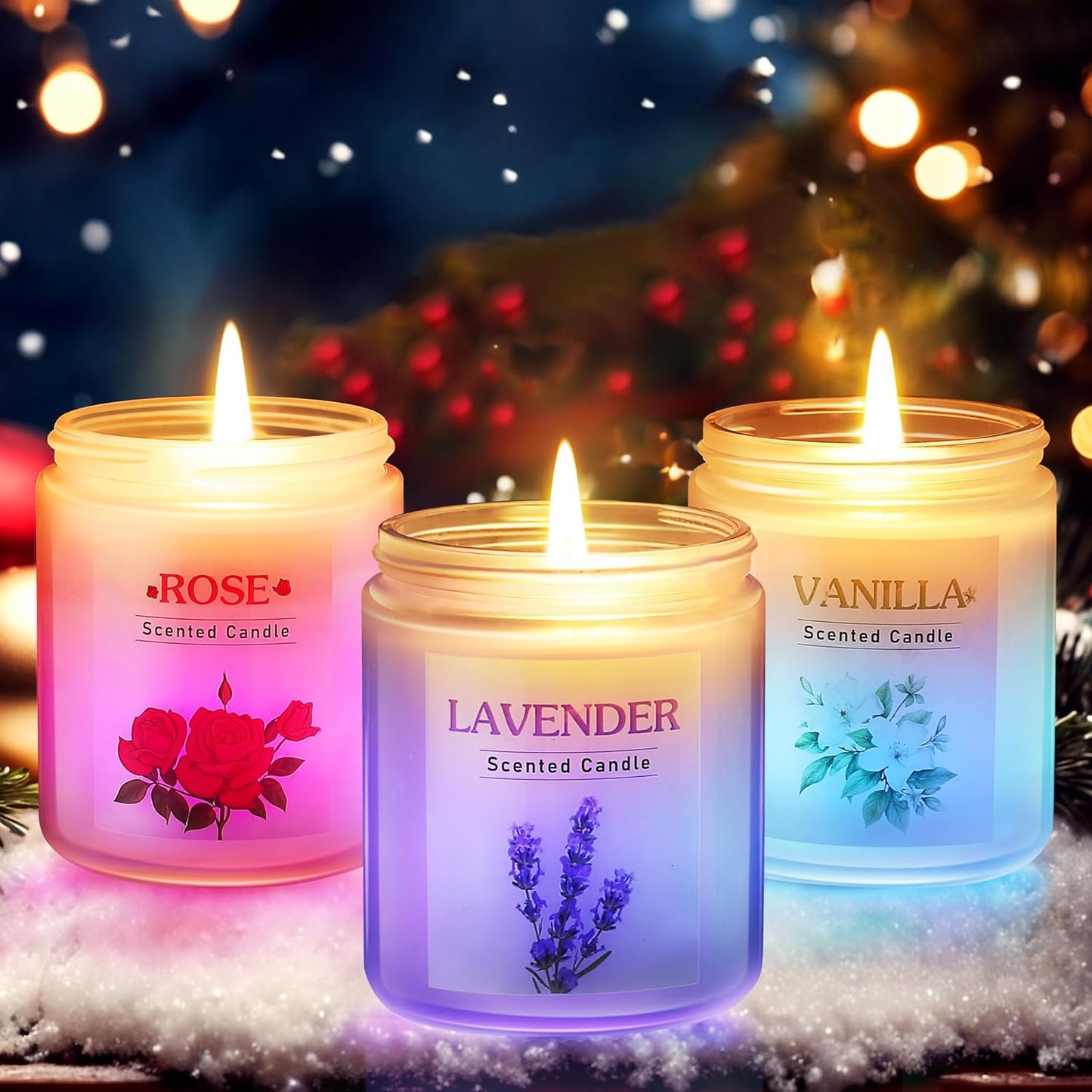 3 Pack Glowing Scented Candles with Sensor Light, 21 Oz Aromatherapy Gifts for Women, Rose Vanilla Lavender Long Lasting Fragrance, Natural Soy Candle for Home Scented