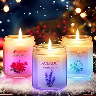 3 Pack Glowing Scented Candles with Sensor Light, 21 Oz Aromatherapy Gifts for Women, Rose Vanilla Lavender Long Lasting Fragrance, Natural Soy Candle for Home Scented