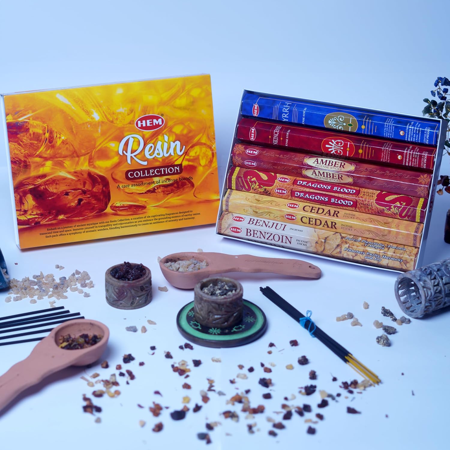 HEM Resin Series Premium Incense Sticks – Benzoin, Myrrh, Copal, Amber, Frankincense & Dragon Blood (Pack of 6, 120 Sticks) | Natural Resin Fragrance for Rituals, Cleansing & Meditation