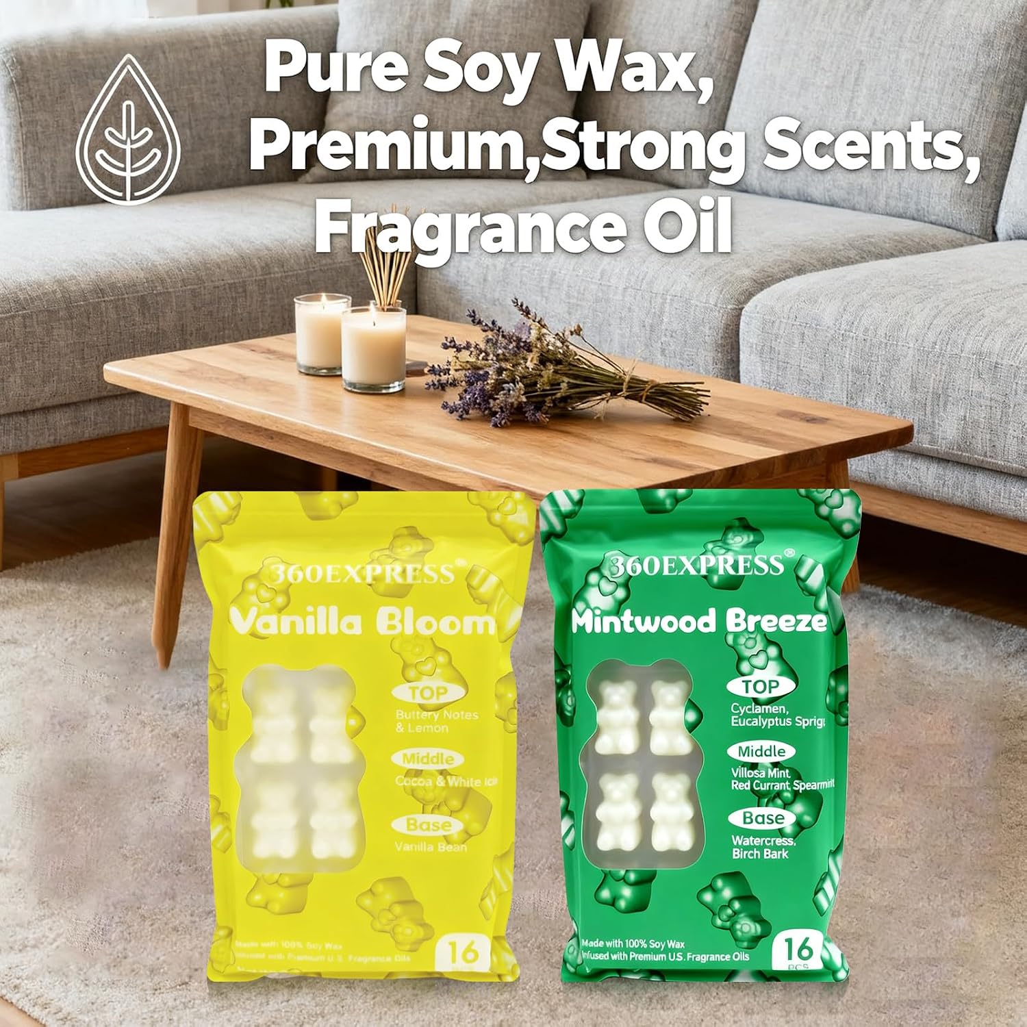 Wax Melts - 32 Scented Soy Wax Tarts with US Essential Oils - Includes Vanilla Bloom, Mintwood Breeze- 2 Pack