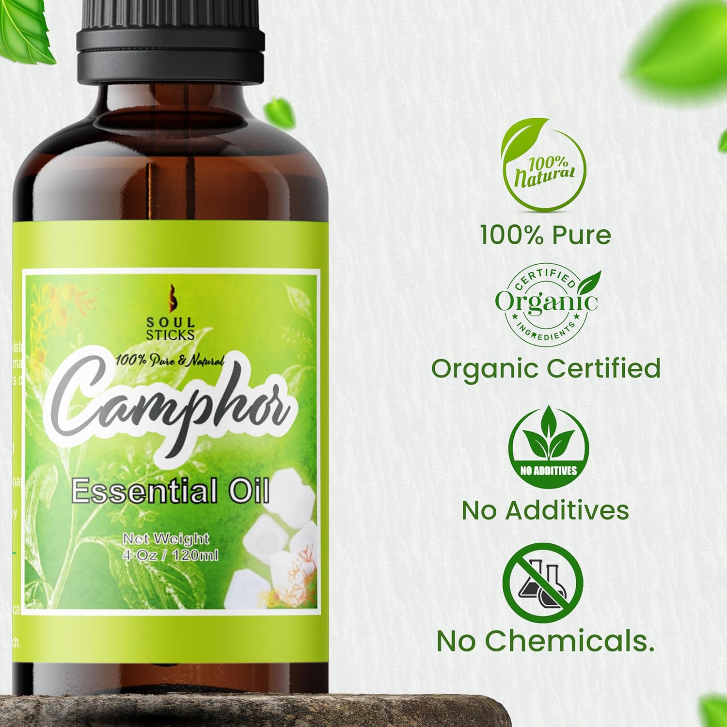SOUL STICKS Natural Camphor Essential Oil 4 Fl Oz (120ml) 100% Natural Camphor Oil with Glass Dropper for Aromatherapy, Puja, Massage, Skin Care