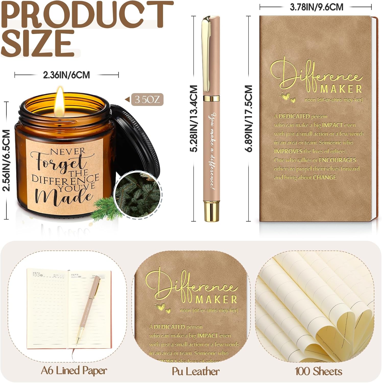 Vesici 4 Pcs Difference Maker Gift Set for Employee Mug Notebook Candle Pen | Thank You Gift for Women Men Teacher Nurse Coworker Secretary Boss(Brown,Word)