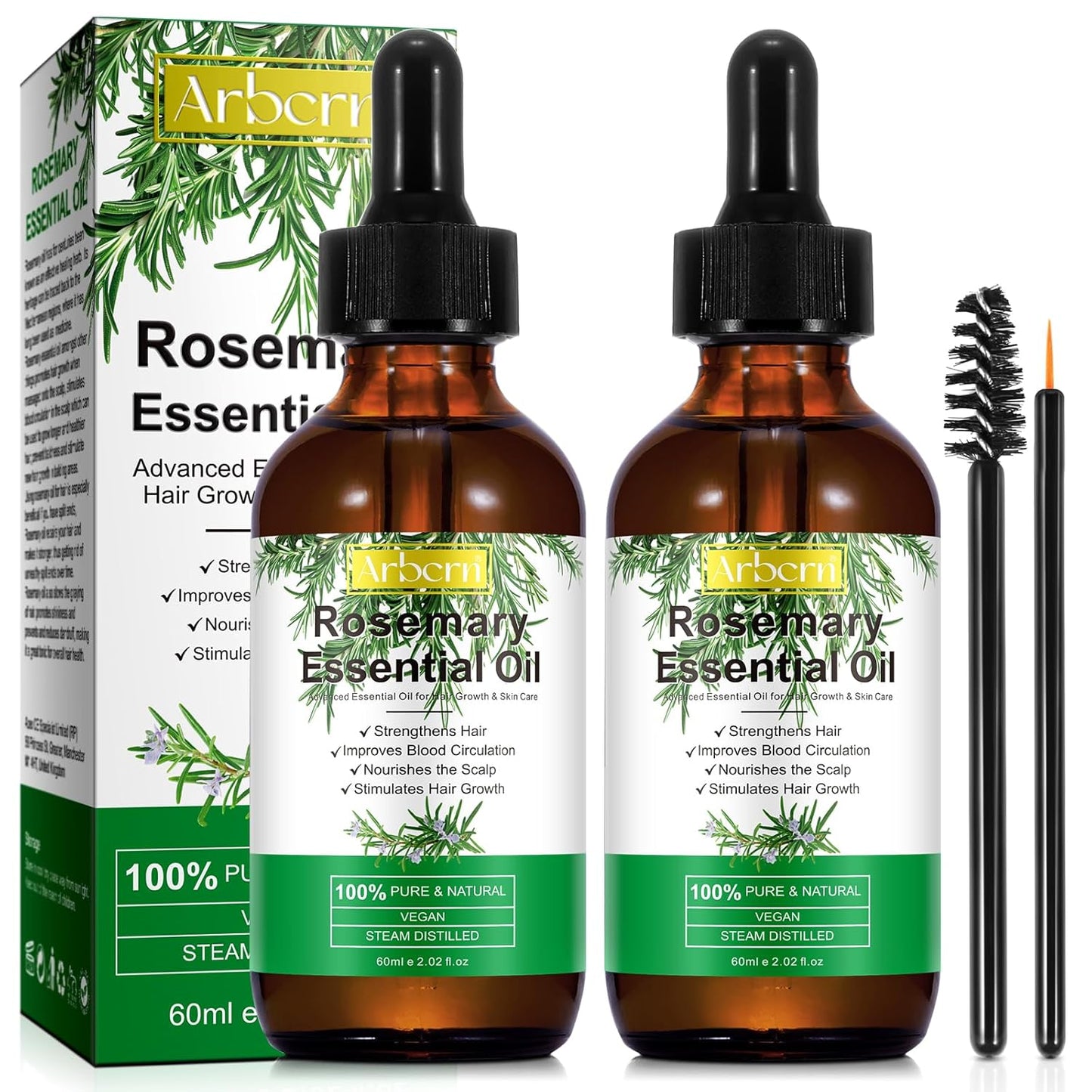A r b c r n 2 Pack Rosemary Oil for Hair Growth Organic,100% Pure Rosemary Essential Oil for Eyebrow and, colourless
