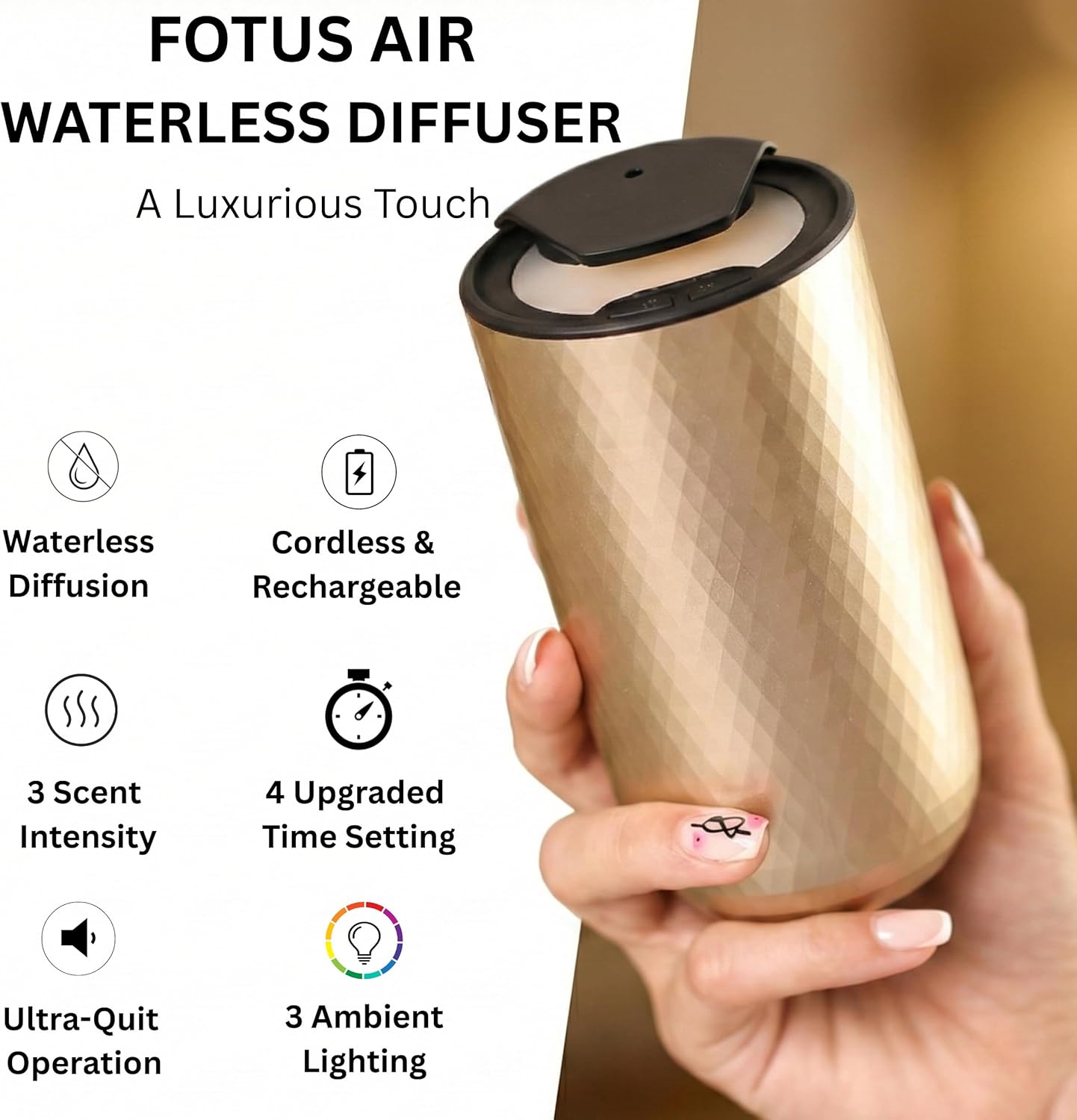 Waterless Essential Oil Diffuser - Cordless Rechargeable Aromatherapy Scent Machine for Home Bedroom Car Office Travel - 3 Mist Levels, 4 Timer Modes, 24-Hour Battery