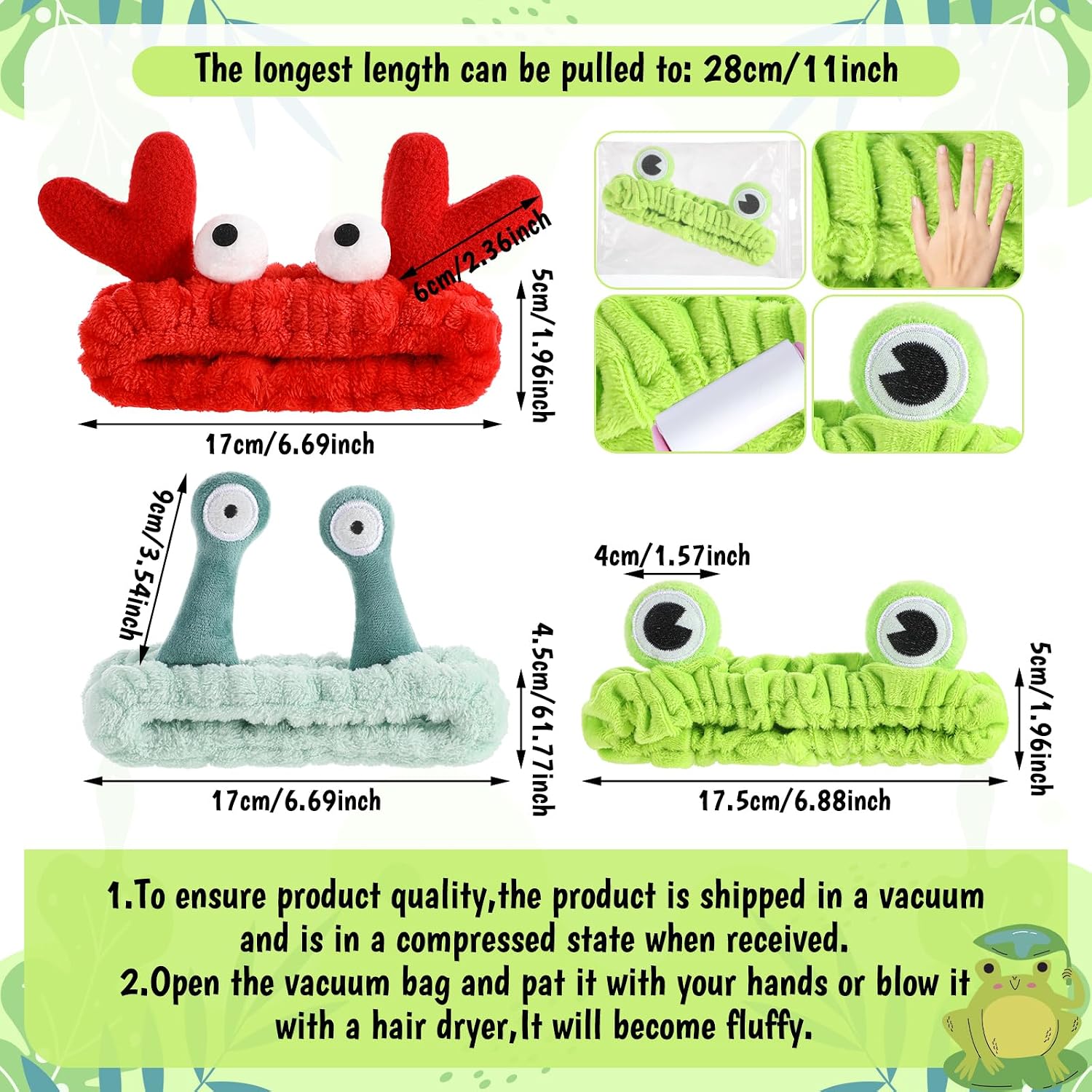 3Pcs Face Wash Headband Cute, Soft Spa Headband for Washing Face, Coral Fleece Elastic Frog Crab Snail Head Band, Cartoon Makeup Headbands for Women, Fun Face Wash Headbands for Women Skincare Shower