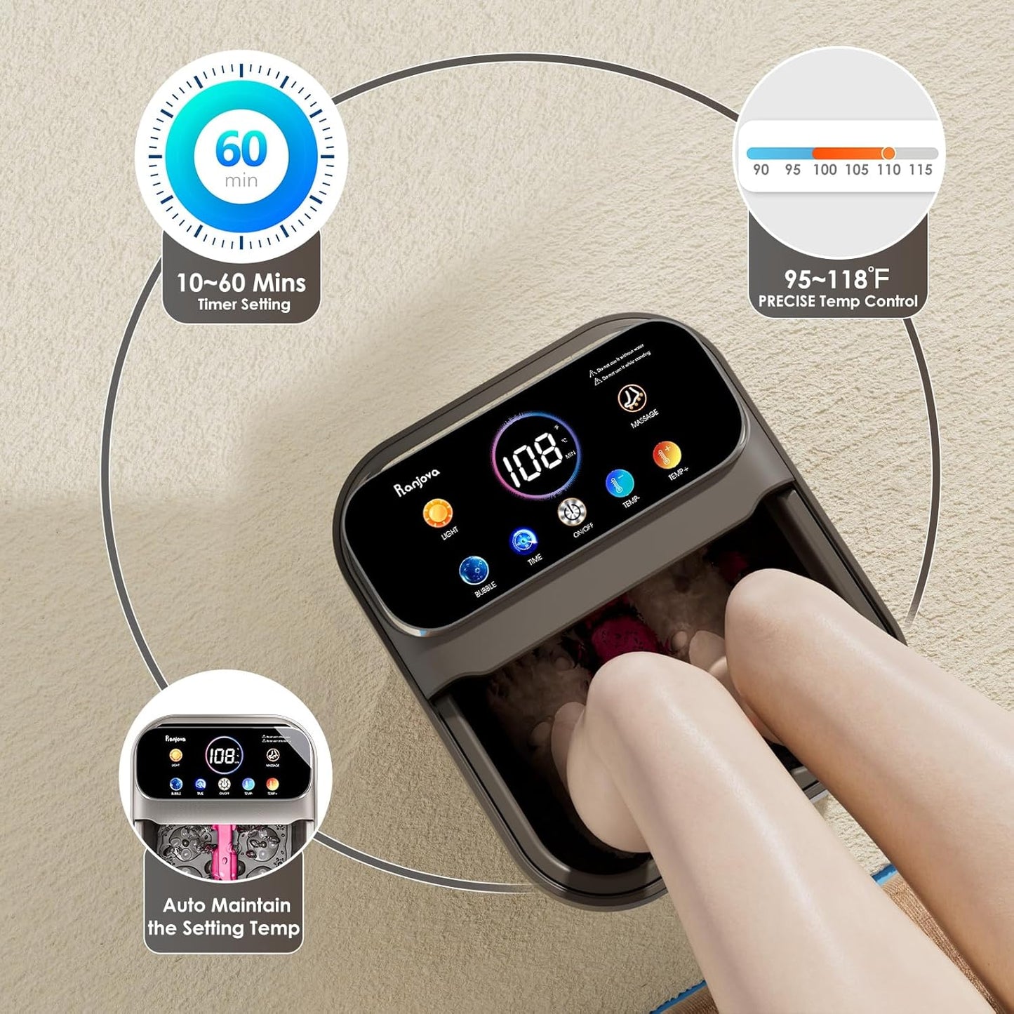 Ranjova Foot Spa Electric Rotary Massage, with Color Touch Screen and Remote Control, Foot Bath Massager with Heat, Bubble, Adjustable Temp, and 24 Motorized Shiatsu Massage Balls (Dark Grey)
