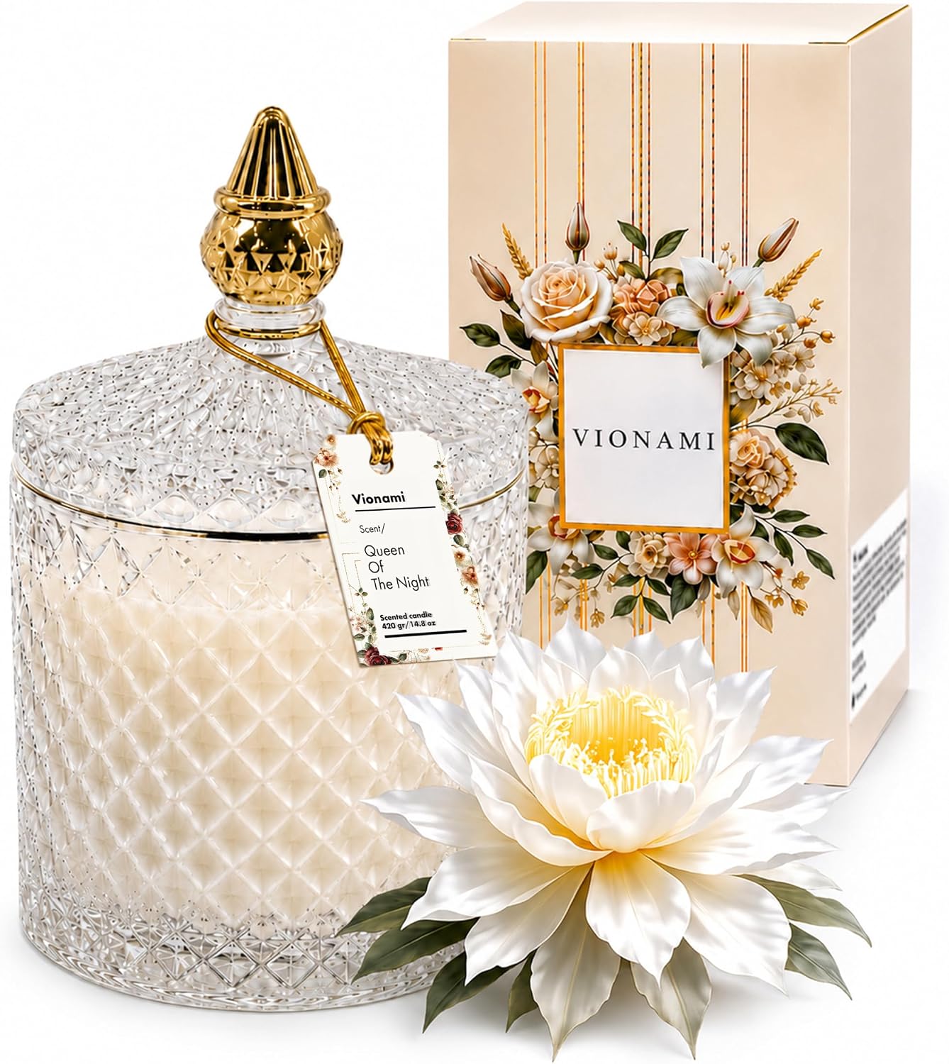 VIONAMI Luxury Scented Candle Gift – Queen of The Night Rare Flower Fragrance in Elegant Glass Jar, Decorative Soy Candles Gifts for Women, Long-Lasting 80 Hr, 14.8 oz, Luxury Candles for Women