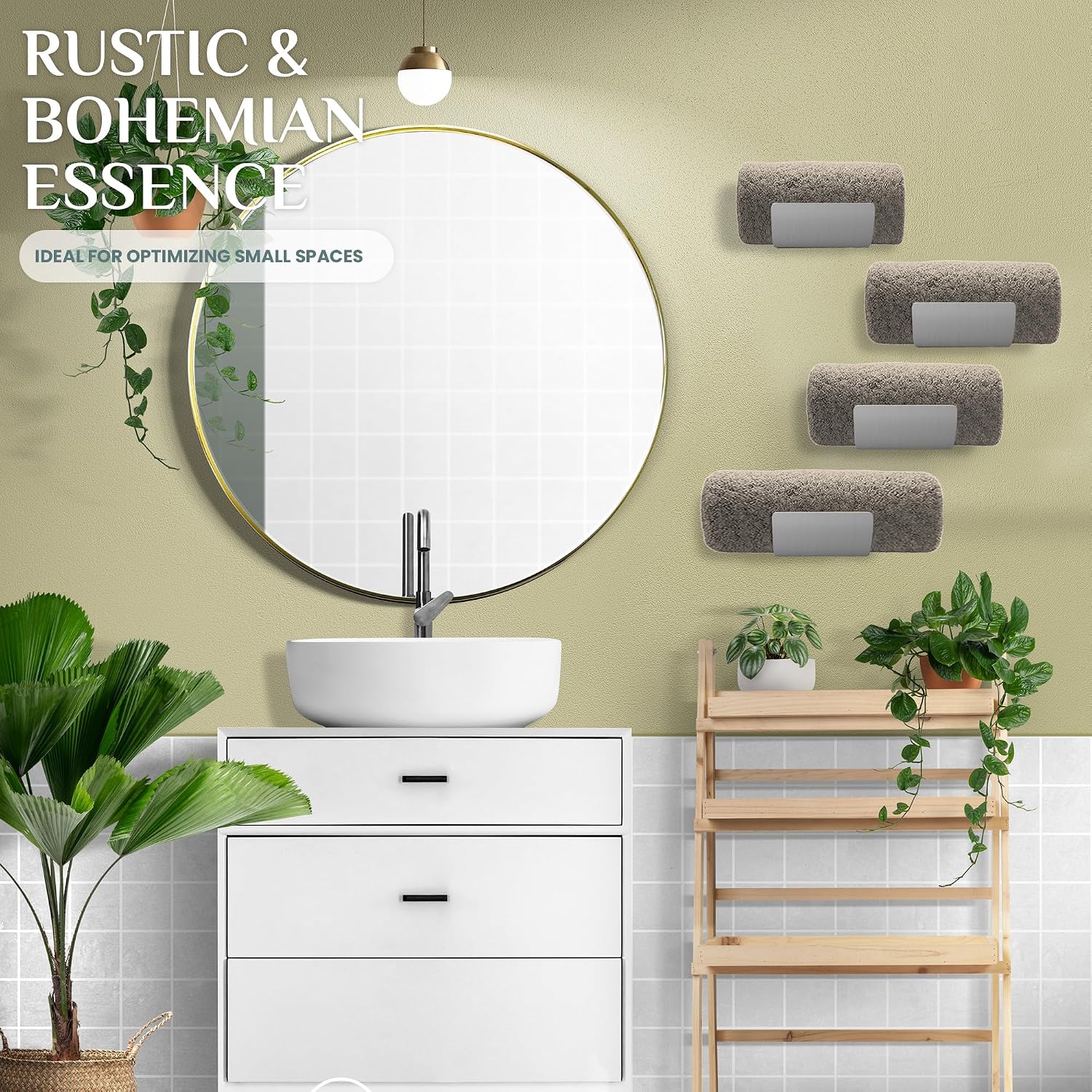 Bamboo Towel Rack by Aura Nest Set of 4 Wood Towel Racks Bamboo Bathroom Accessories -Wall Towel Holder for Rolled Towels Wooden Towel Racks for Bathroom Spa Bathroom - White