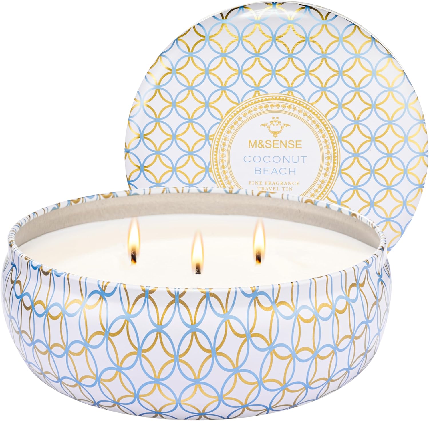 M&SENSE Coconut Beach Scented Candles 12 oz, Large 3 Wick Soy Tin Candle, Over 40 Hour Burning Time, 100% Natural Vegan Wax, Relaxing Aromatherapy Aesthetic Candle Gift for Women Men