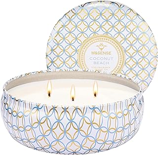 M&SENSE Coconut Beach Scented Candles 12 oz, Large 3 Wick Soy Tin Candle, Over 40 Hour Burning Time, 100% Natural Vegan Wax, Relaxing Aromatherapy Aesthetic Candle Gift for Women Men