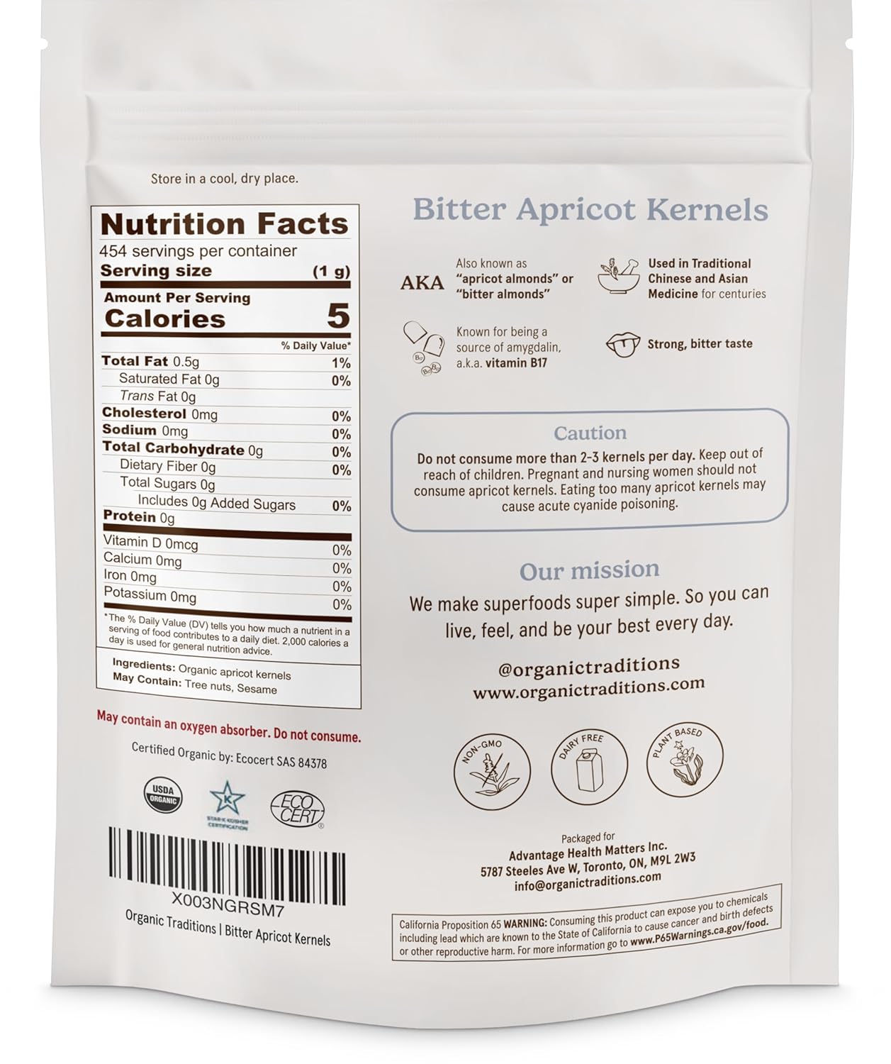 Organic Traditions Apricot Kernels, Organic Apricot Seeds, Sundried Sweet and Bitter Taste, Vegan, Source of Vitamin B17, Non GMO, Whole Foods Delivery, Plant Based for Snacking and Blending, 16 oz